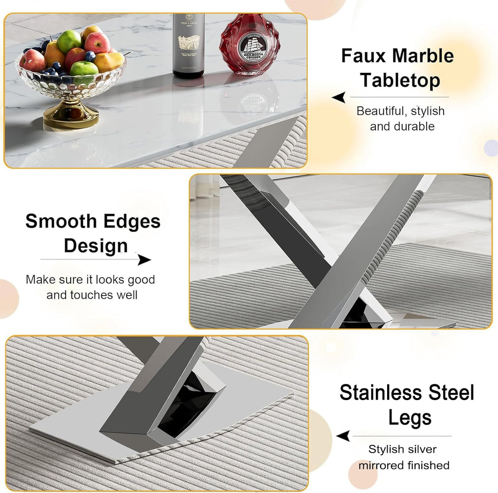 70' White Marble Dining Table for 4 to 6, Modern Faux Marble Kitchen Table with Silver X Shape Stainless Steel Pedestal, Luxury Rectangular Kitchen Dining Room Table for Breakfast Dinette Dinner Party