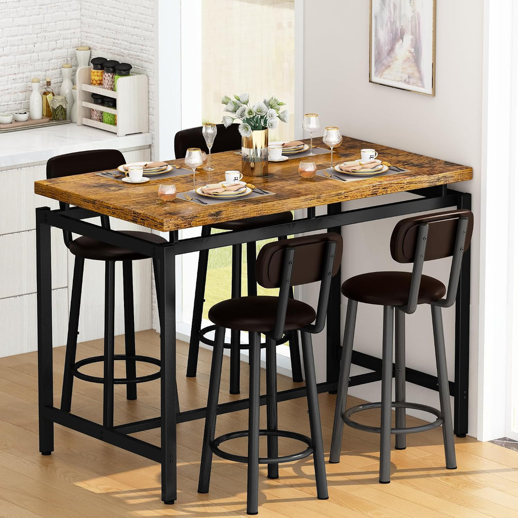 Recaceik Bar Table Set for 4 Bar Table and Chairs Set, Industrial Dinner Table with 4 PU Leather Upholstered Backrest Stool, Counter Height Pub Dining Room Table Set for Apartment Small Spaces