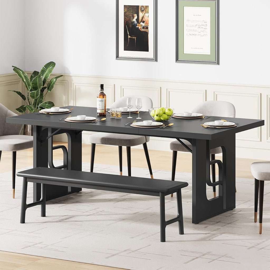 71'' Large Dining Table for 6 to 8 People, Modern Rectangular Kitchen Table, Dinner Table Furniture with Metal Legs for Dining Room, Living Room, Banquet, Home, Black