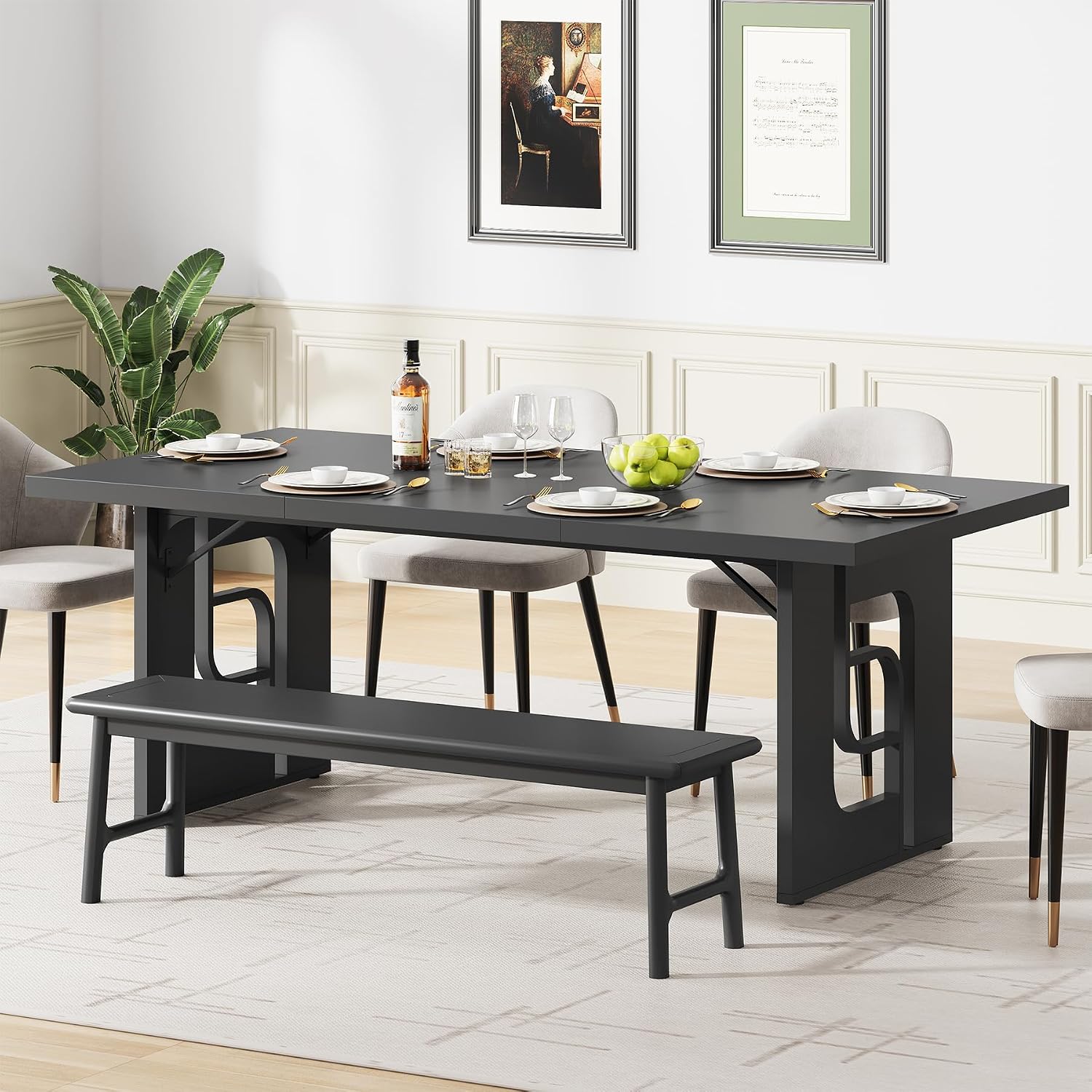 71'' Large Dining Table for 6 to 8 People, Modern Rectangular Kitchen Table, Dinner Table Furniture with Metal Legs for Dining Room, Living Room, Banquet, Home, Black
