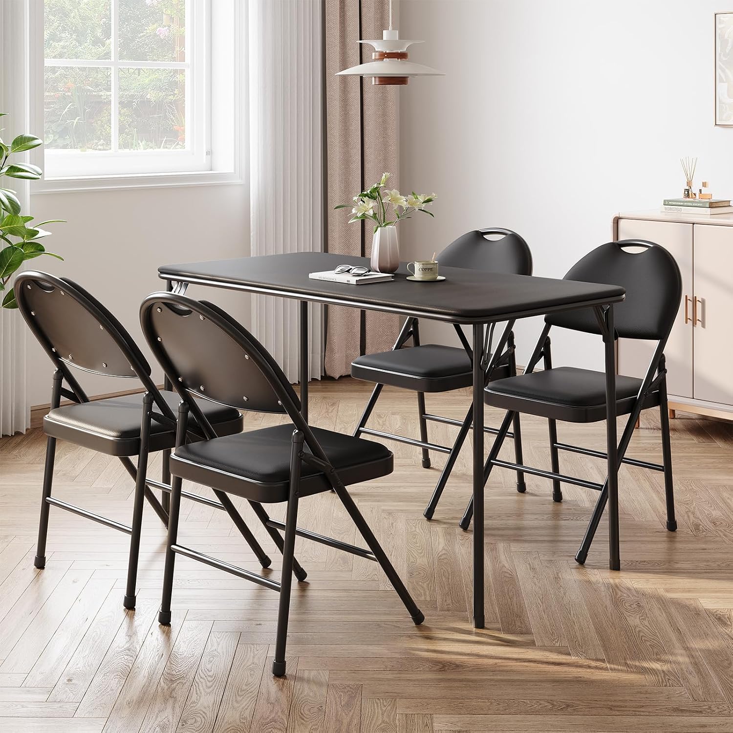 Garvee Portable Folding Table and Chairs Set with Metal Legs and Thicken Padded Cushion, No Assembly Required, for Events, Dining Room, Living Room, Office, Camping,