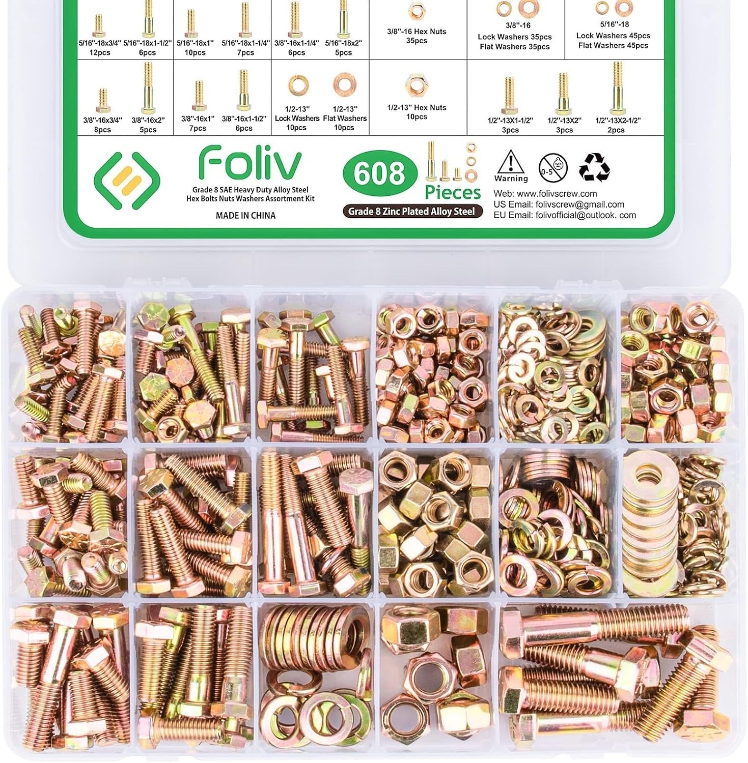 Krixis 608pcs Grade 8 Bolts and Nuts Assortment Kit, 1/4-20, 5/16-18, 3/8-16, ...