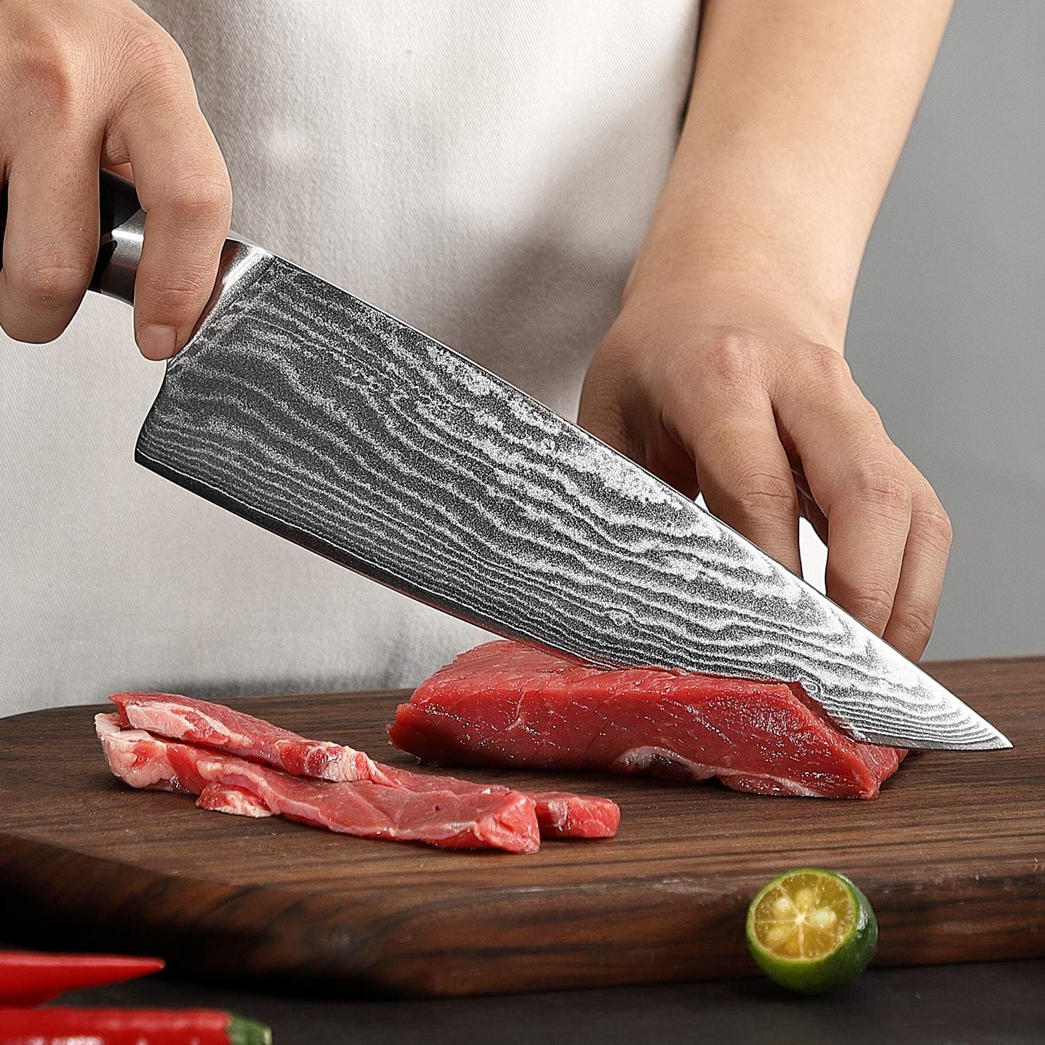 Damascus Kitchen Knife Sets, 9 Pieces Kitchen Knives Set with Block, ABS Ergonomic Handle for Chef Knife Set, Knife Sharpener and Kitchen Shears, Knife Block Set
