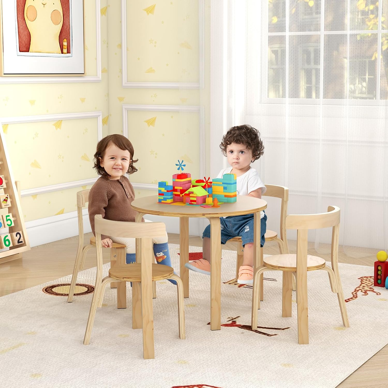 HONEY JOY Kids Table and Chair Set, Bentwood Toddler Round Table and 4 Chairs for Craft Art, Building Block, 5-Piece Children Furniture Set for Daycare, Kindergarten, Playroom (Natural)