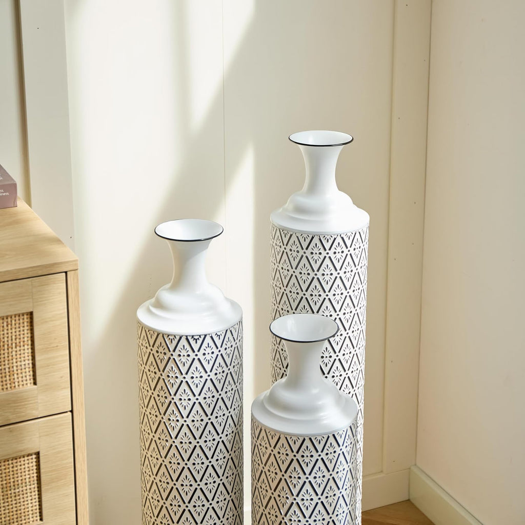 Tall Floor Vases Set of 3 - Modern White Metal Vases with Black Geometric Pattern, Decorative Cylinder Vase for Living Room, Home Decor, Entryway & Wedding Centerpieces (White+Black Rhombus)