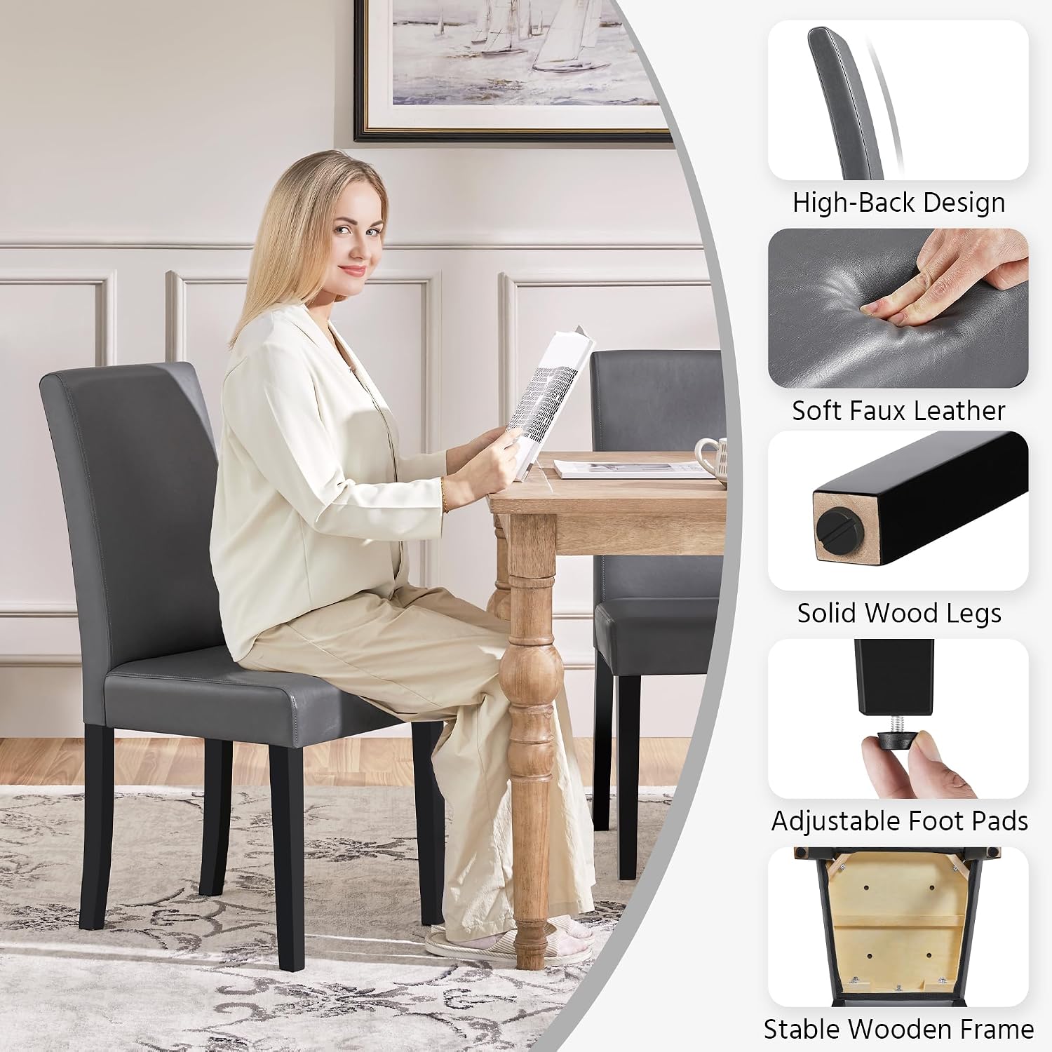 Yaheetech Dining Chairs Set of 4 PU Leather Upholstered Parsons Dining Chairs with Solid Wood Legs for Kitchen/Living Room/Restaurant, Modern Style, Gray