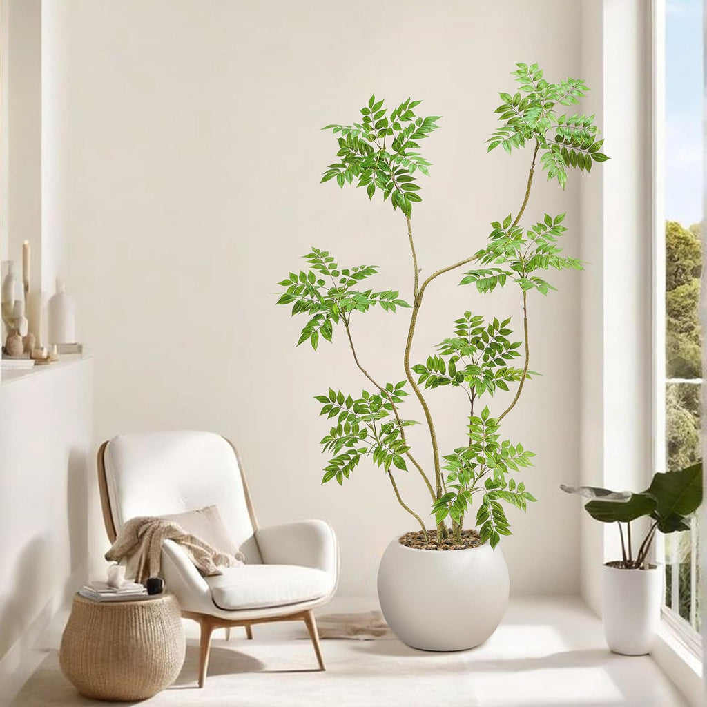 Artificial Mahonia Tree 6FT, Realistic Faux Indoor Tree with White Planter and Decorative Stones, Real-Touch Leaves, Bendable Branches, Tall Fake Floor Plant for Living Room Office Entryway Decor
