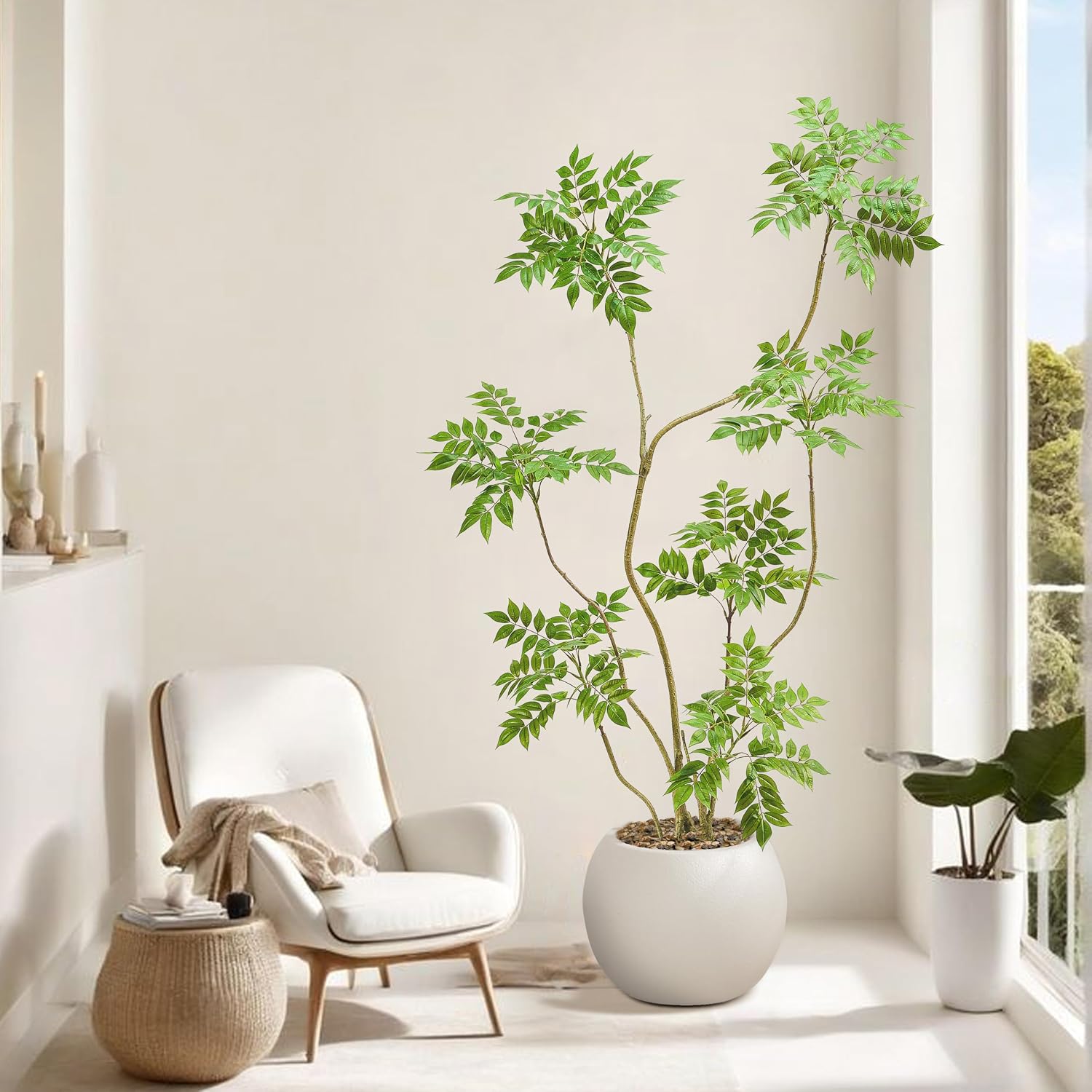 Artificial Mahonia Tree 6FT, Realistic Faux Indoor Tree with White Planter and Decorative Stones, Real-Touch Leaves, Bendable Branches, Tall Fake Floor Plant for Living Room Office Entryway Decor