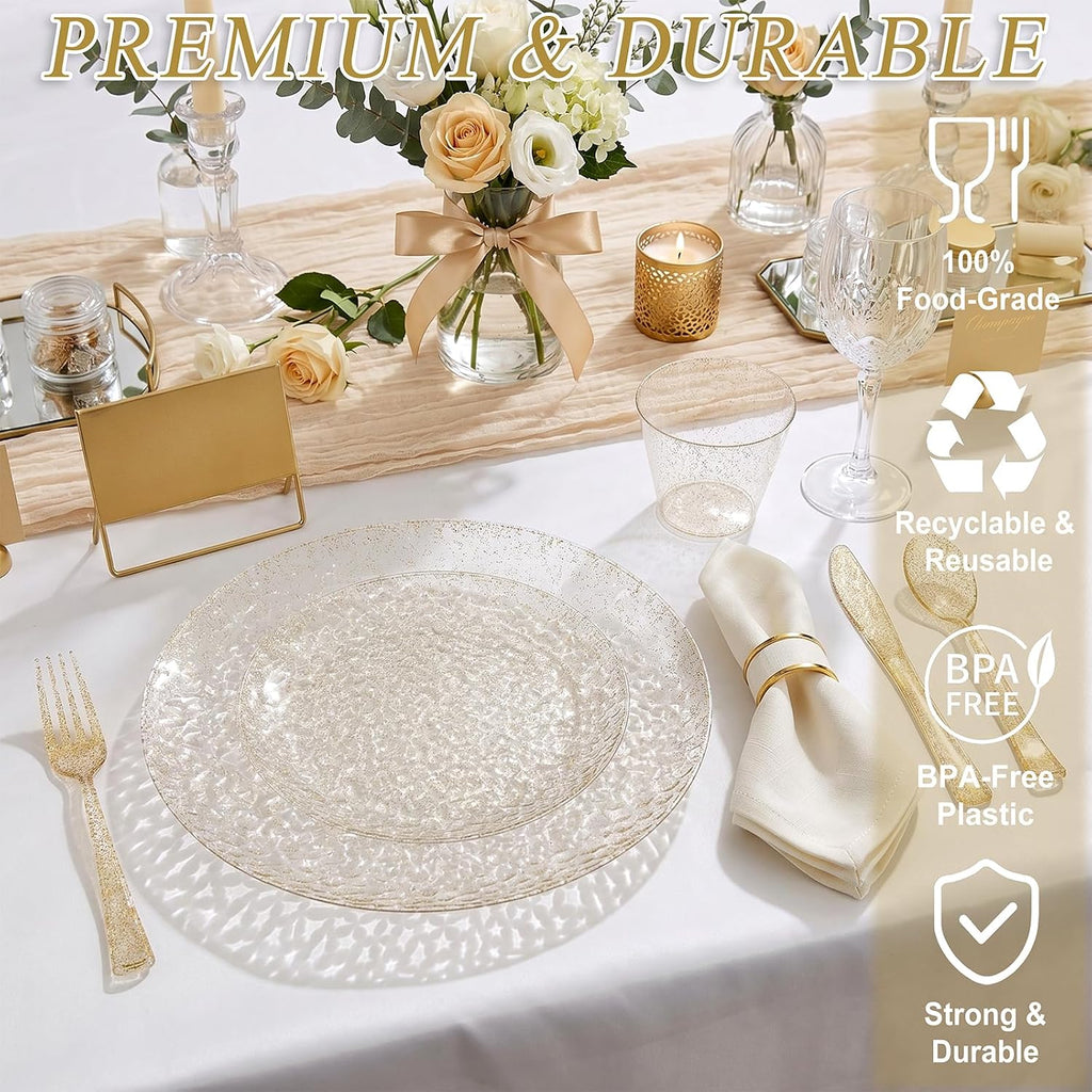Rubtlamp 700Pcs Gold Glitter Plastic Dinnerware Set, Hammered Clear Plates, Fancy Plastic Plates Include 100 Dinner Platos, 100 Salad Platos, 100 Cups,100 Pack Pre Rolled Glitter plastic Silverware