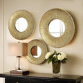 LuxenHome 3 Piece Gold Metal Round Wall Mirror Set Boho Wall Hanging Mounted Mirror,Rattan Mirror Suitable for Farmhouse, Living Room, Bedroom and Bathroom