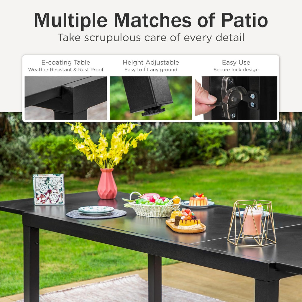 PHI VILLA Extra Large Expandable Patio Dining Table 99.2' × 35.5' Metal Outdoor Table for 6-10 Person, Metal Outdoor Dining Table with E-Coating for Garden Deck Yard- (Black)