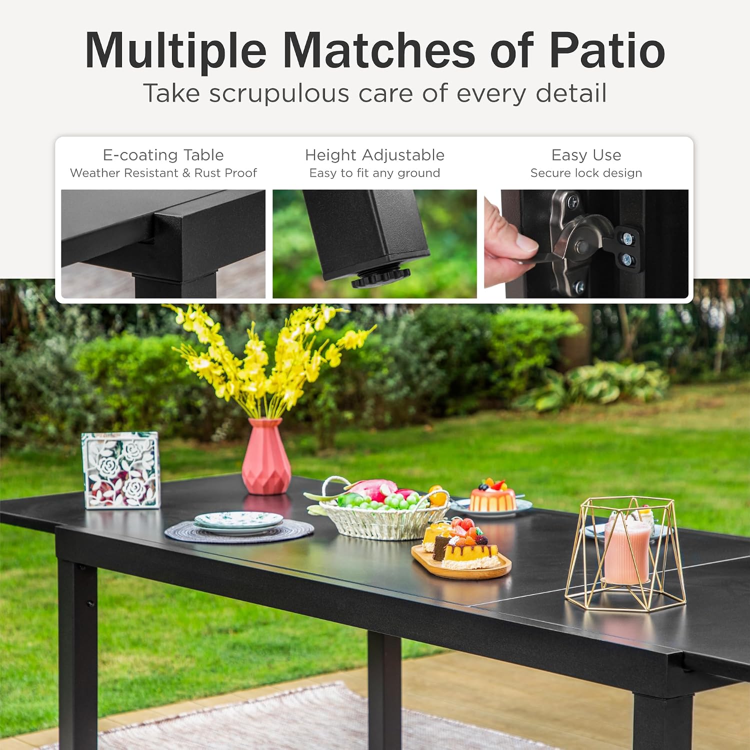 PHI VILLA Extra Large Expandable Patio Dining Table 99.2' × 35.5' Metal Outdoor Table for 6-10 Person, Metal Outdoor Dining Table with E-Coating for Garden Deck Yard- (Black)
