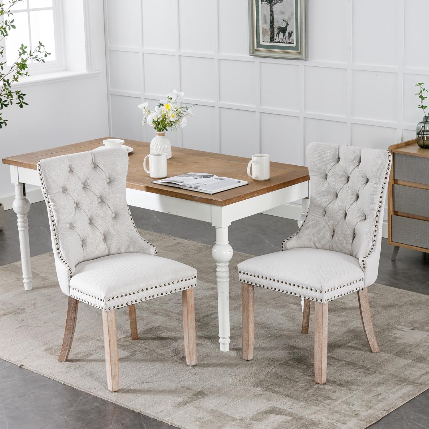 ODUSE-DAILY Beige Linen Dining Chairs Set of 4, Kitchen & Dining Room Chairs Set of 4, Tufted Dining Chairs, Upholstered, Wood Legs (Beige White, 4pcs)