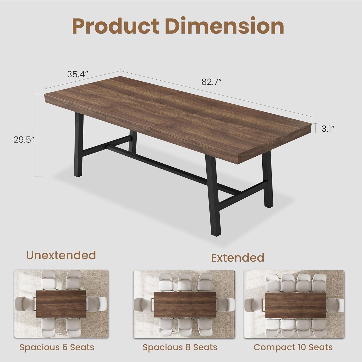 GarveeHome 63-83' Extendable Dining Table, Industrial Rectangular Dining Room Table for 6-8 People, Expandable Kitchen Table with Heavy Duty Metal Frame for Dining Room, Kitchen & Parties, Brown