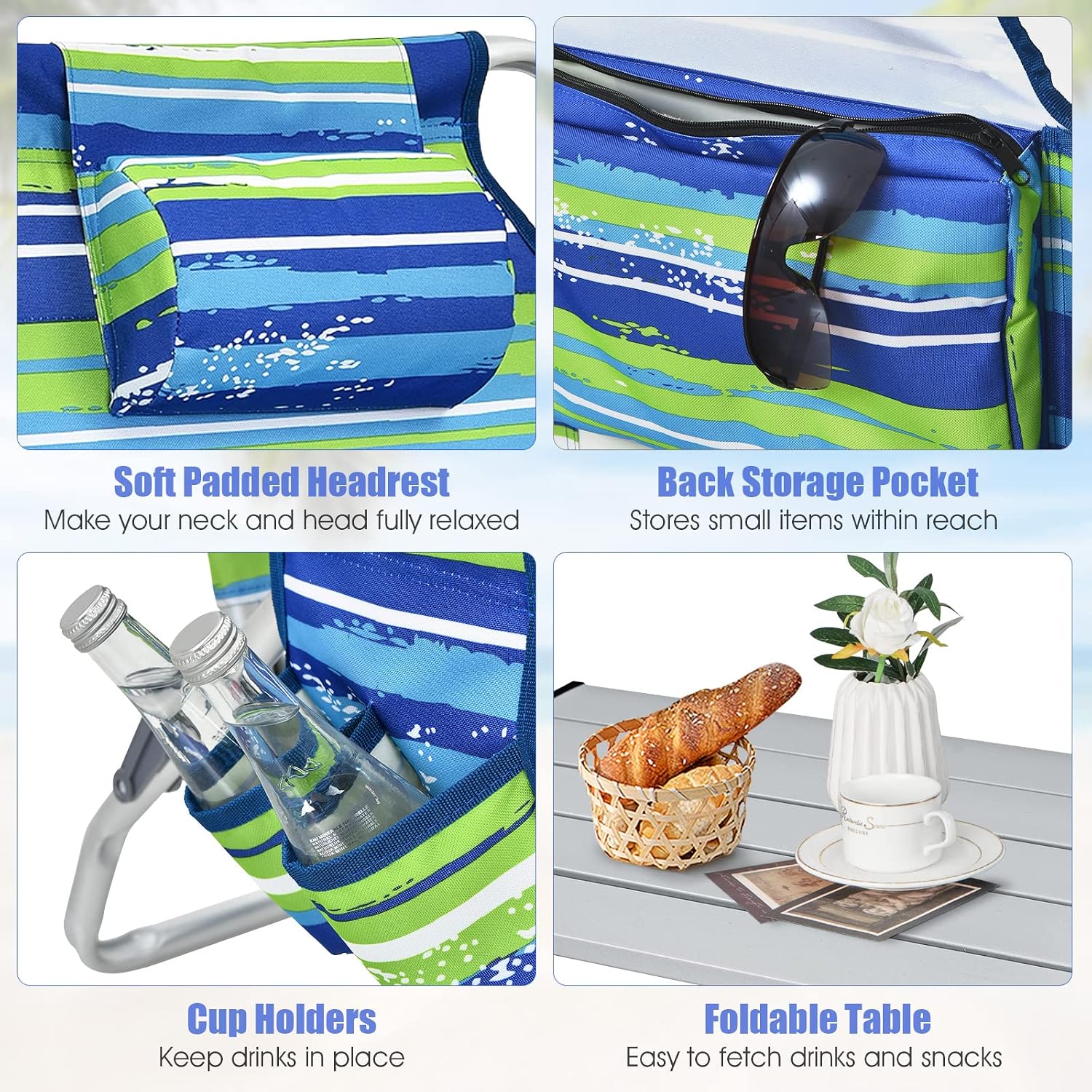 Tangkula Backpack Beach Chair with Table, 5-Position Lay Flat Beach Chairs with Cooler Bag, 2 Cup Holders, Towel Bar, Lightweight Low Folding Beach Chair with Backpack Straps