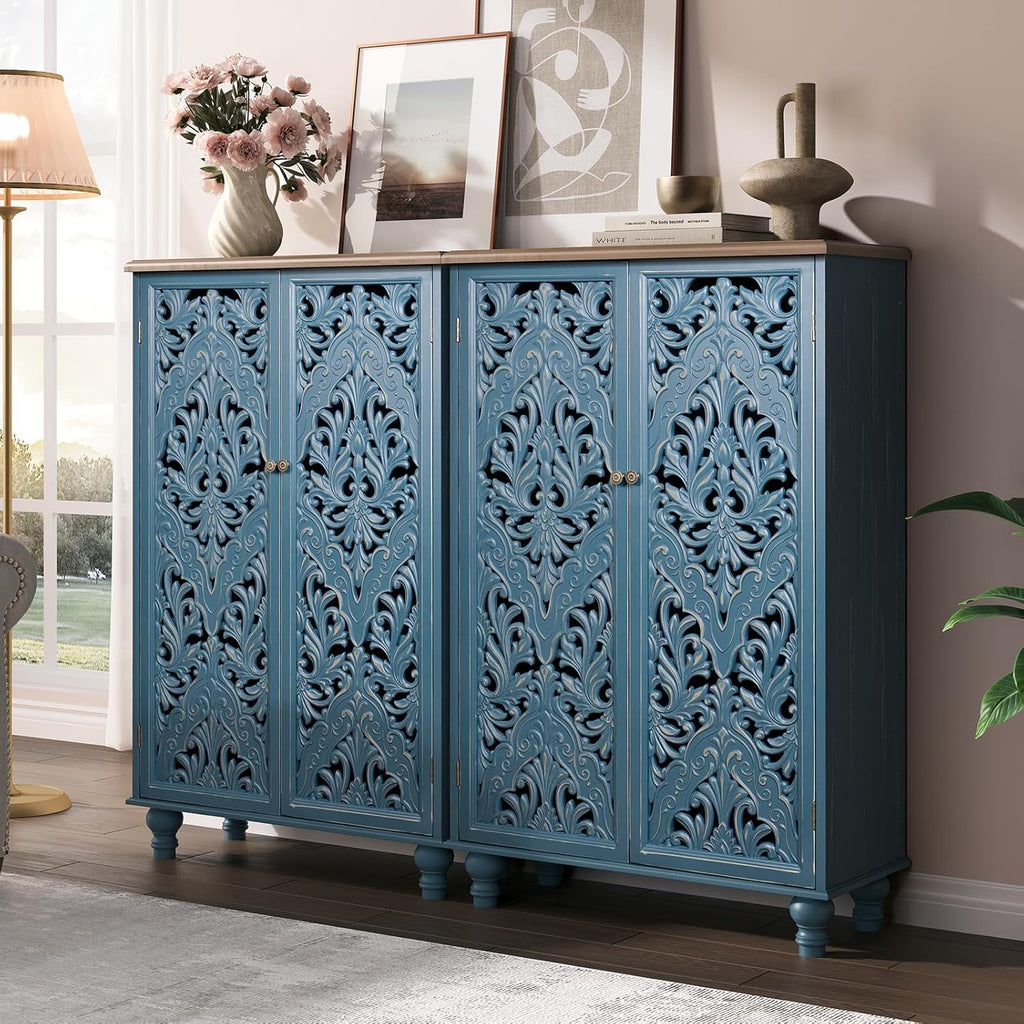 JOINICE 47' Tall Accent Cabinet with Doors and Shelves, Storage Cabinet with Solid Wood Legs for Living Room,Entryway,Dining Room,Bedroom(Blue & Walnut)