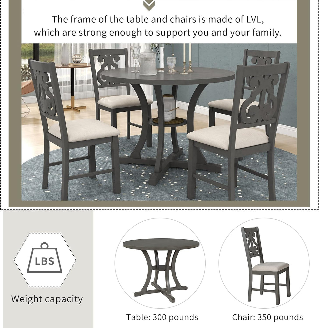 Harper & Bright Designs Retro Style Round Kitchen Dining Table Set for 4, 5 Piece Round Dining Table and 4 Fabric Chairs with Special-Shaped Table Legs and Storage Shelf, Gray