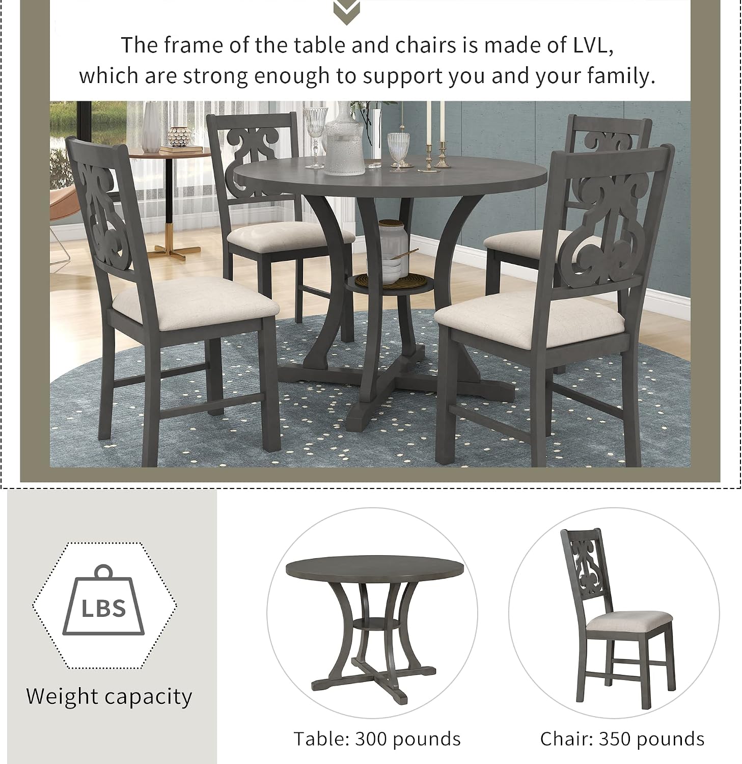 Harper & Bright Designs Retro Style Round Kitchen Dining Table Set for 4, 5 Piece Round Dining Table and 4 Fabric Chairs with Special-Shaped Table Legs and Storage Shelf, Gray