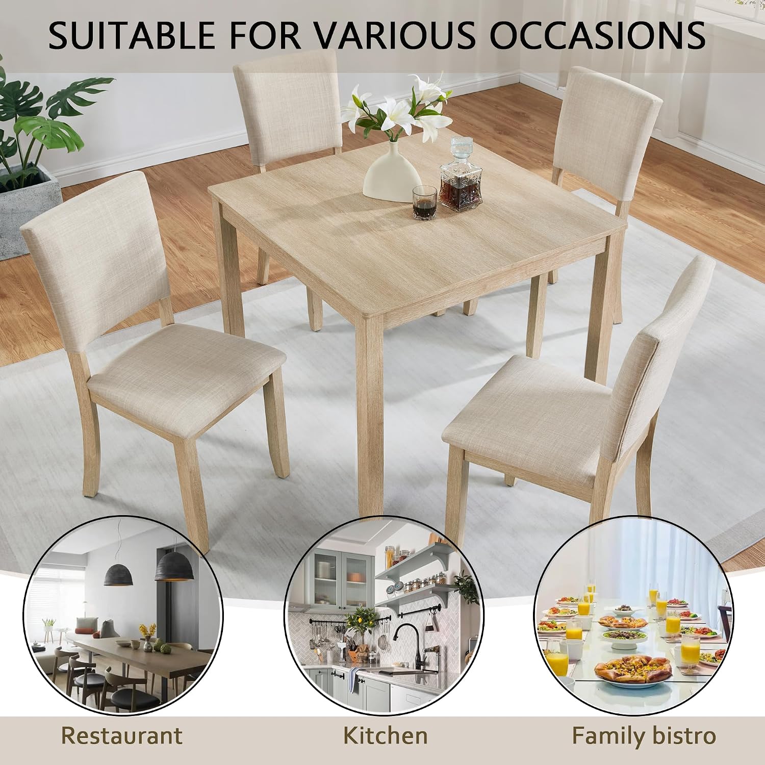 KEIKI 5-Piece Standard Height Dining Table Set with Square Table, 4 Upholstered Curved Backrest Chair, for 4 Person, Modern Style Table Set, Easy Assembly, for Kitchen, Dining Room, Light Oak+Beige