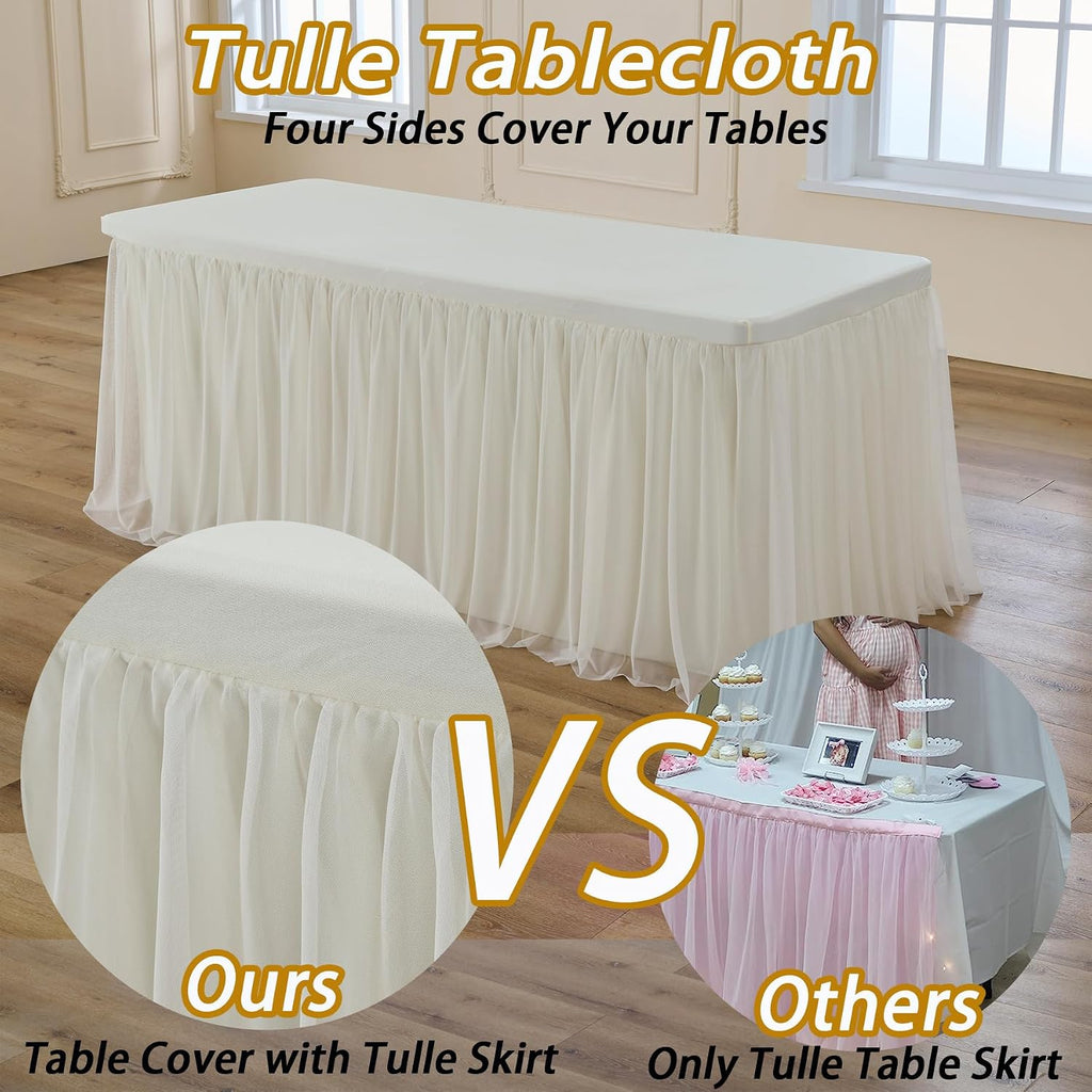 leegleri 6 pk 8ft Ivory Tulle Tablecloth for Rectangle Tables, 2-in-1 Cream Table Covers with Tulle Skirt,Wrinkle Free Stretchy Ruffle Tulle Table Cloths Fitted for Wedding Party Banquet Vendor