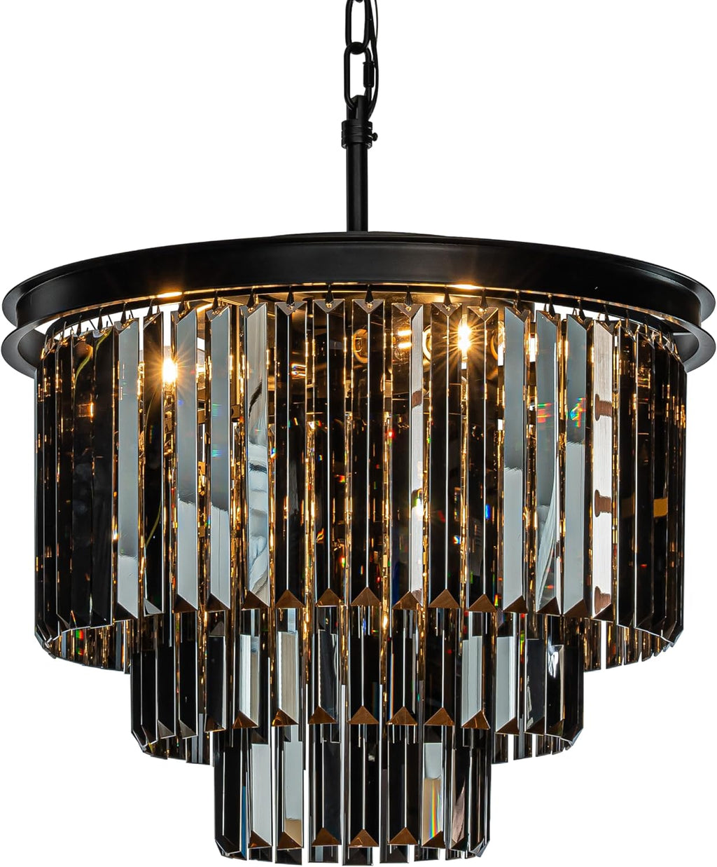 ALOADECOR 6-Light W 20 in. Modern Odeon 3-Tier Round Fringe Crystal Chandelier in Matte Black Finish Frame with Smoke Crystal Accents Dual-Use Light for Dining Room Living Room Bedroom