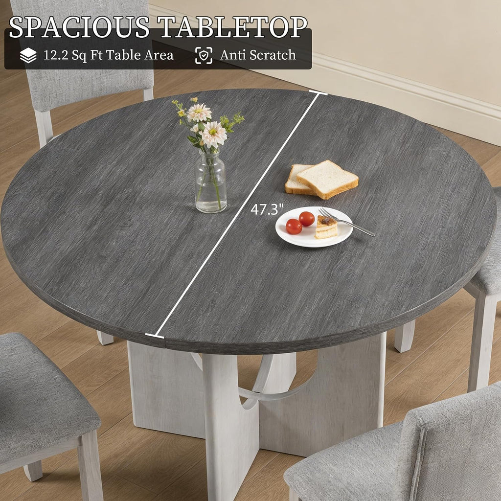 leovanni Round Dining Table Set for 4, Kitchen Table with 4 Upholstered Chairs, 5-Piece Wood Dining Table and Chairs Set for Kitchen, Dining Room, Living Room, Gray