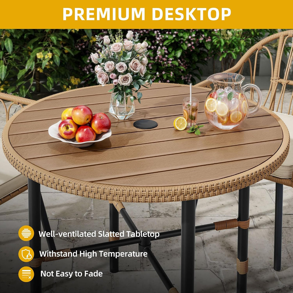 DWVO Outdoor Patio Dining Table Round for 4 35.4' Outdoor Tables with Umbrella Hole & Adjustable Levelers All-Weather Bistro Table with Metal Frame for Lawn Garden Backyard