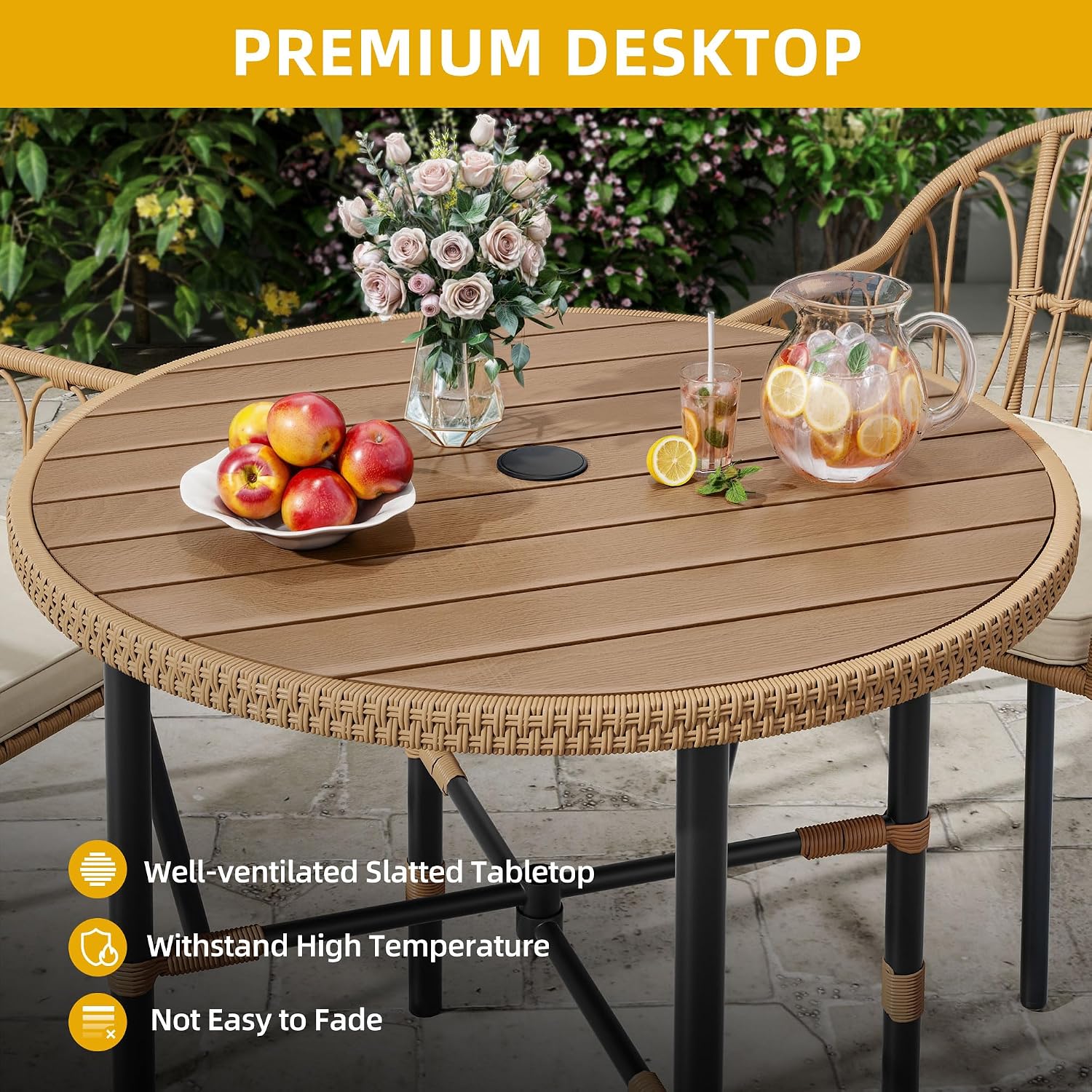 DWVO Outdoor Patio Dining Table Round for 4 35.4' Outdoor Tables with Umbrella Hole & Adjustable Levelers All-Weather Bistro Table with Metal Frame for Lawn Garden Backyard