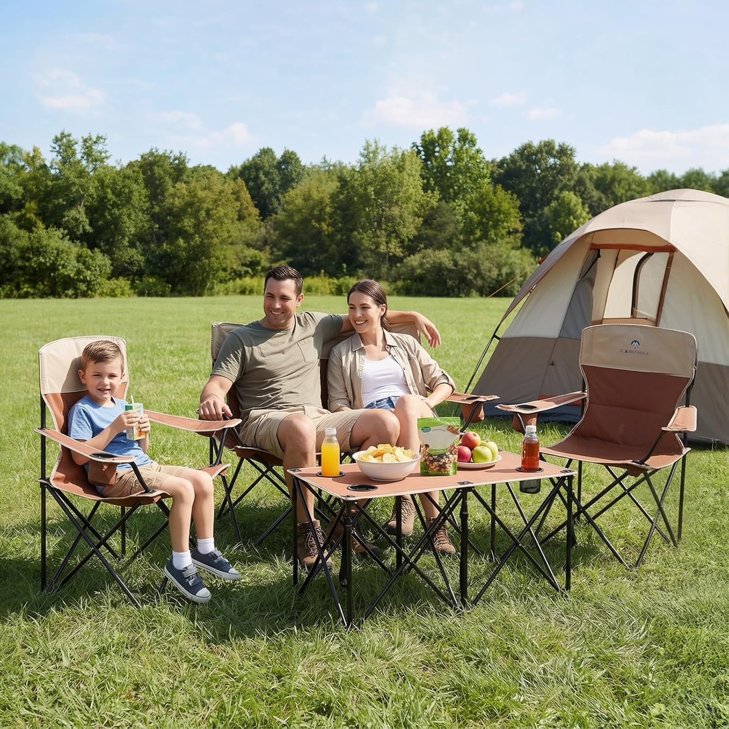 Camping Chair Set of 3, Outdoor Folding Camping Chairs for Heavy People with Cup Holder & Carry Bag,Collapsible Chair Include One Sofa Chair and Two Single Chair,Support up to 500lbs