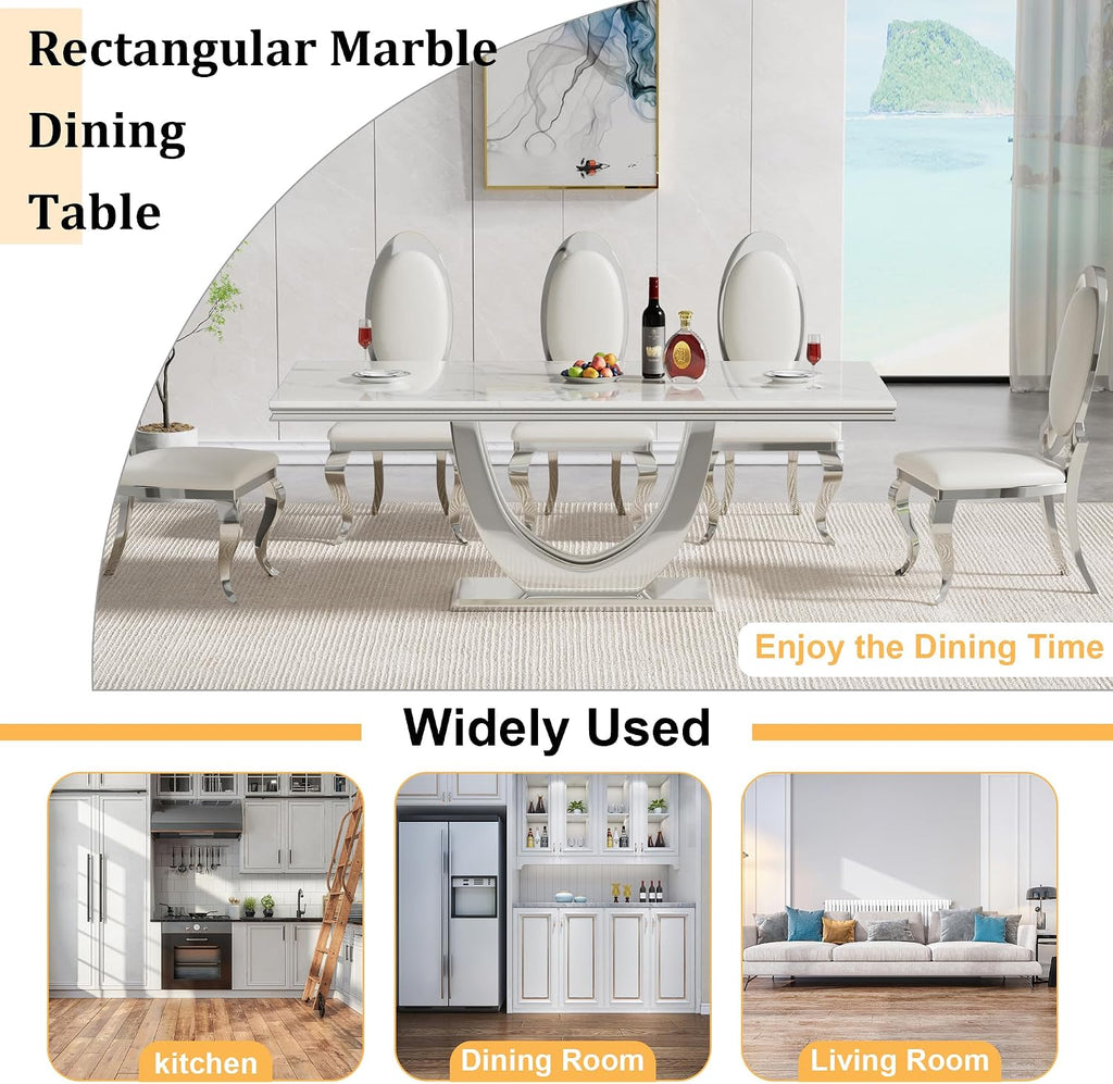 70' White Faux Marble Rectangular Dining Table, Luxury Kitchen Dinner Table for 6-8, Mid Century Modern Design with Silver Stainless Steel U Pedestal