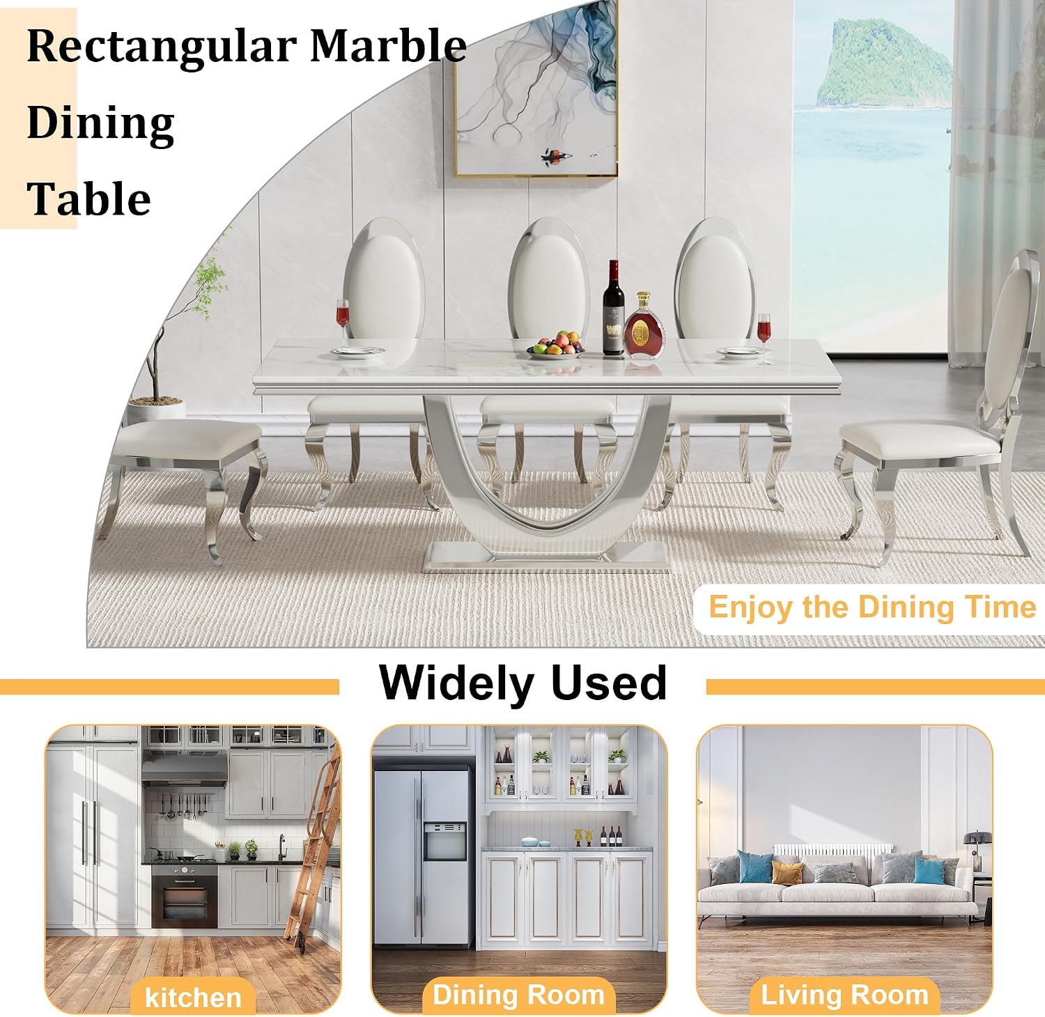 70' White Faux Marble Rectangular Dining Table, Luxury Kitchen Dinner Table for 6-8, Mid Century Modern Design with Silver Stainless Steel U Pedestal