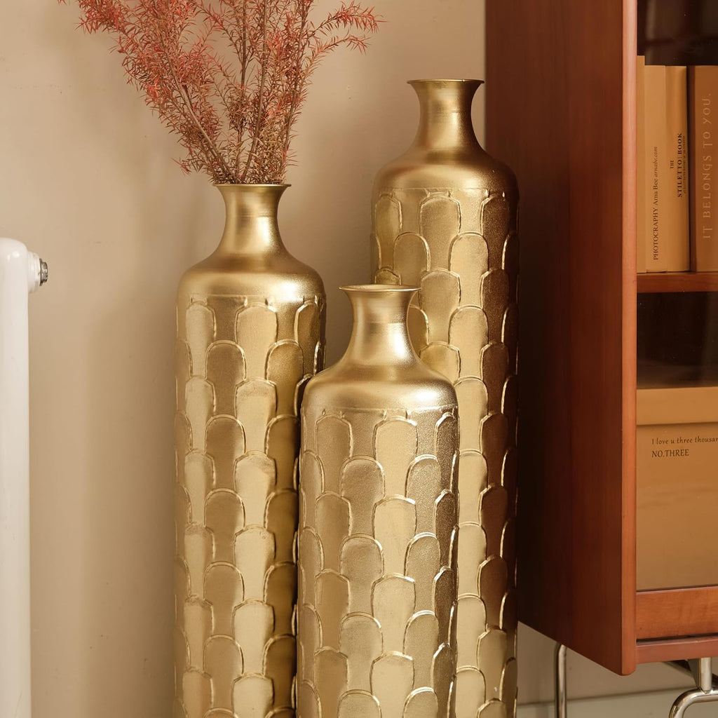 Floor Metal Decorated Vases Set of 3 for Gorgeous Home Decoration Large Glazed Metal Vases (Gold)