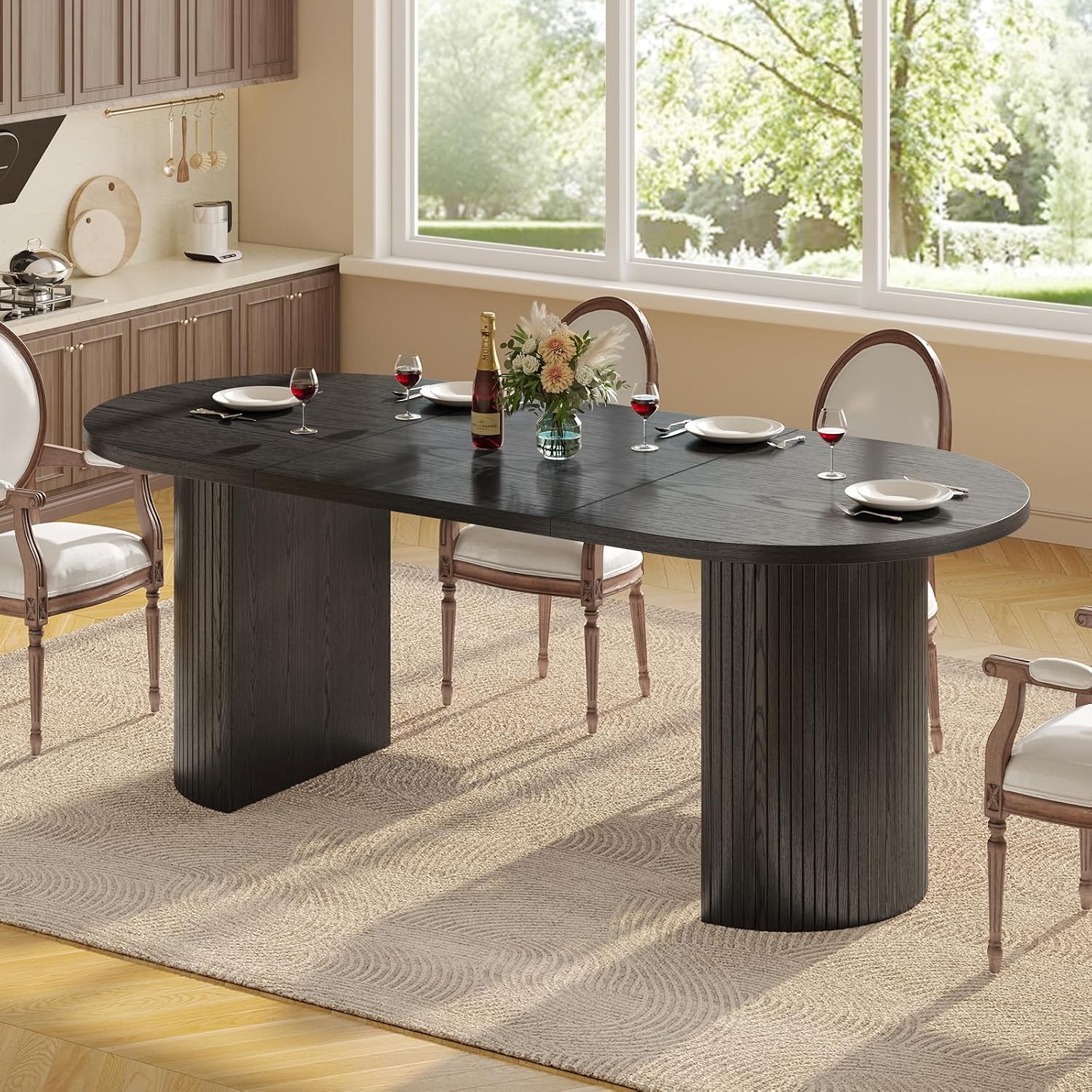 ONBRILL 70.8 Inch Dining Table for 4-6, Oval Dining Room Table with Curved Fluted Wood Strip Base, Mid-Century Modern Kitchen Tables with Footpads, Dinner Tables for Living Room, Dining Room, Black