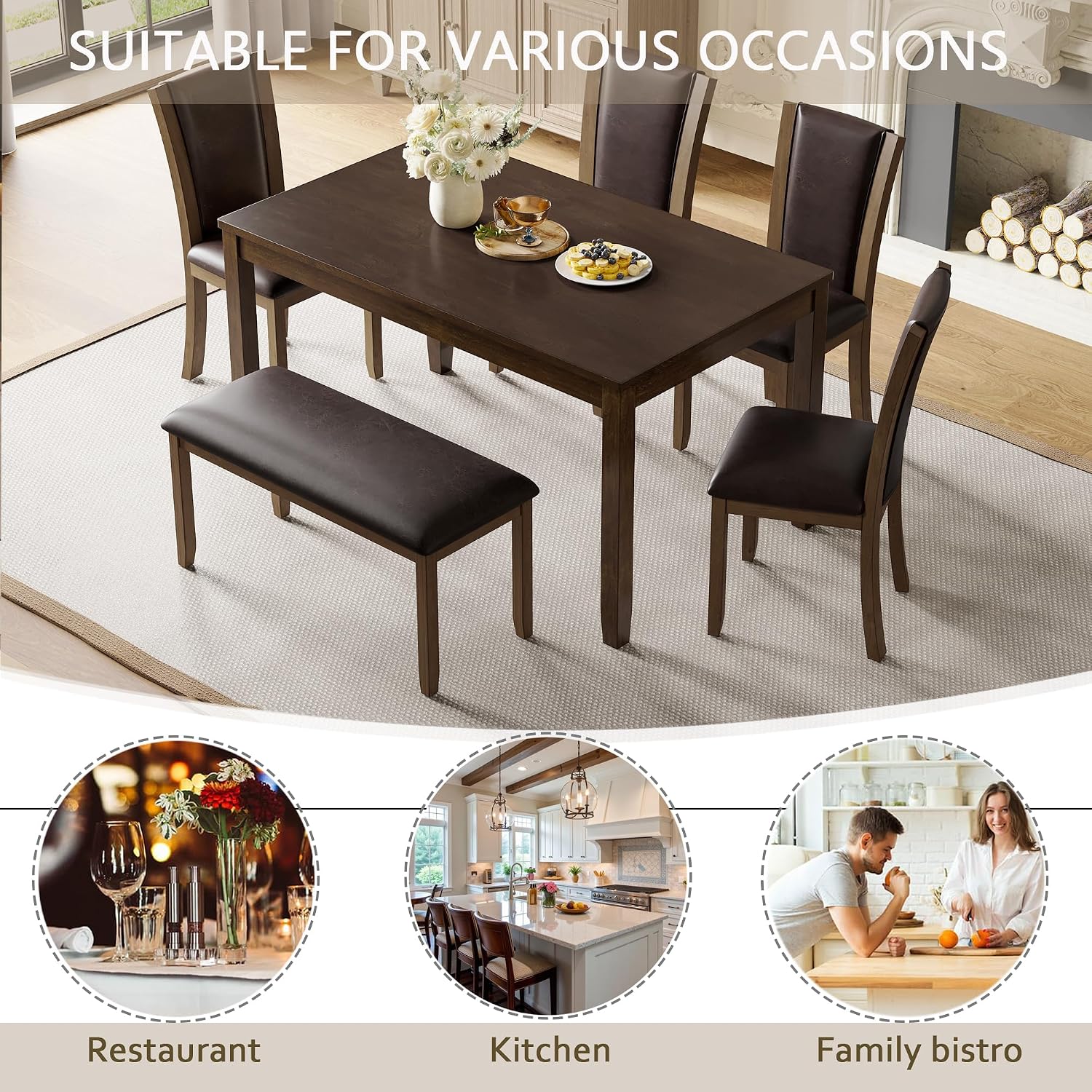 LUMISOL Farmhouse Dining Table Set for 6, Solid Wood Kitchen Table Set with 4 Upholstered Chairs and Bench for Kitchen, Dining Room, Dark Walnut
