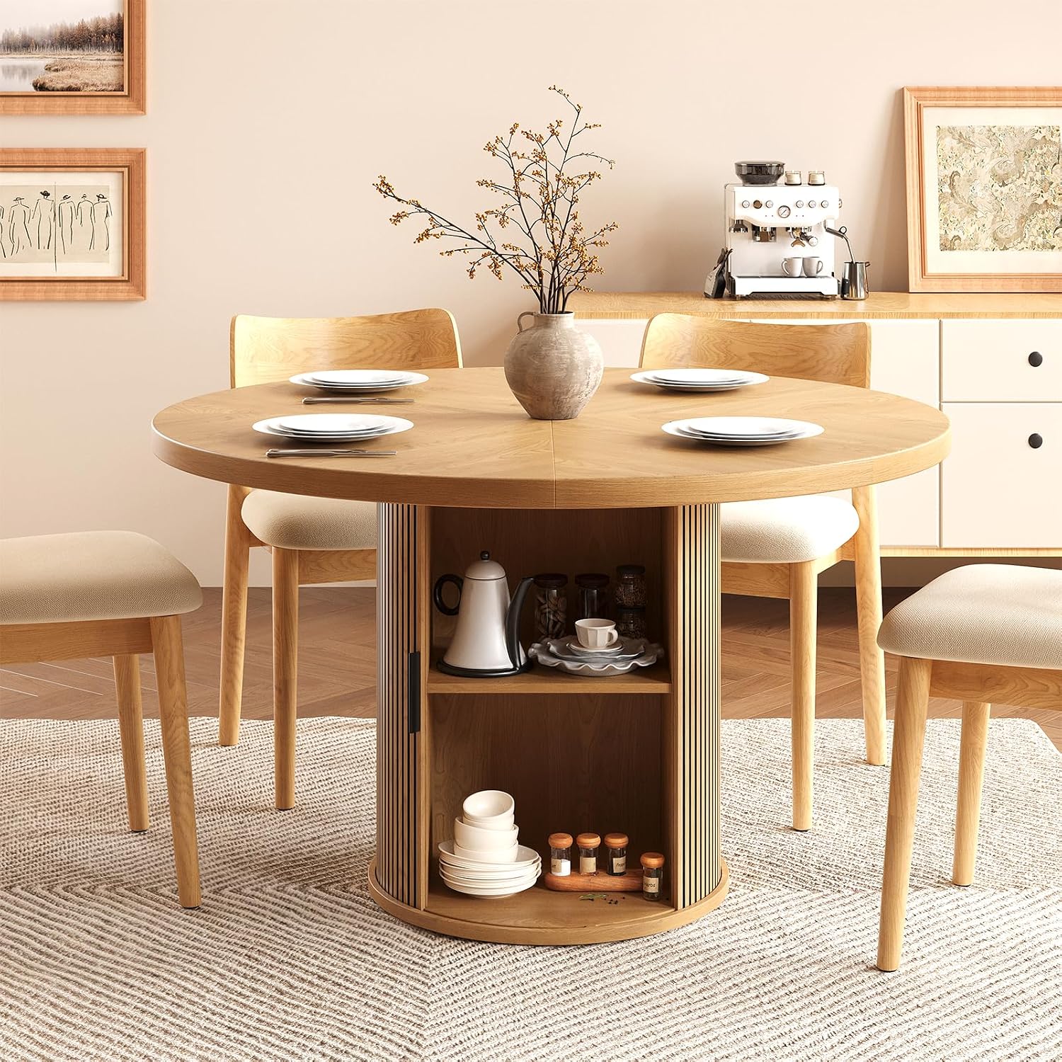 47 inch Round Dining Table for 4, Farmhouse Kitchen Table with 2-Layer Storage Shelf and Wood Slide Door Modern Dinner Table or Home Dining Room Living Room (Natural)