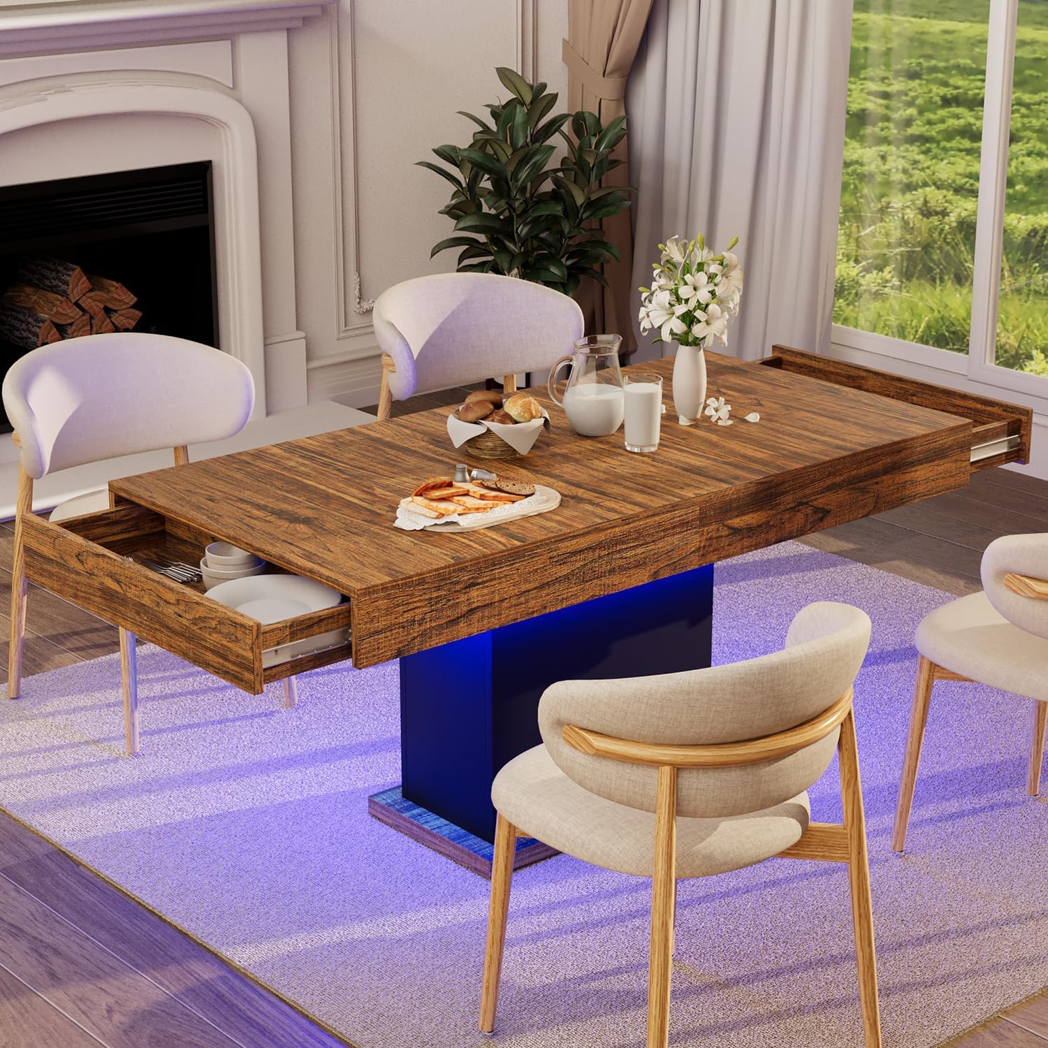 55' Dining Table for 4 to 6 People, Farmhouse Wood Dinner Table with Drawers & Led Lights for Kitchen, Dining Room & Living Room (Oak Brown & Black)