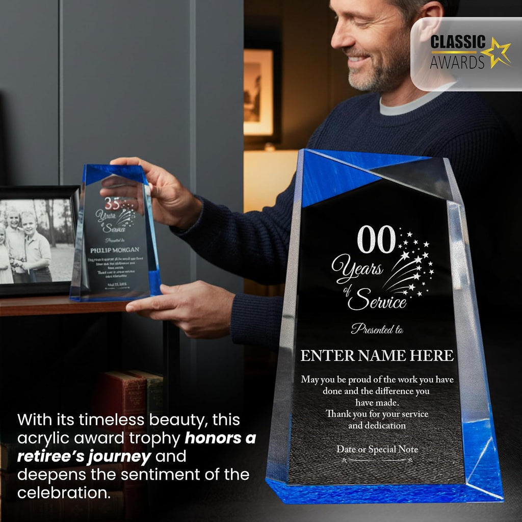 Personalized Acrylic Retirement Gifts For Men and Women, Laser Engraved Custom Trophy for Service Recognition, Years Of Service Retirement Trophy Award for Boss, Employee, Teacher (Blue Facet Wedge)