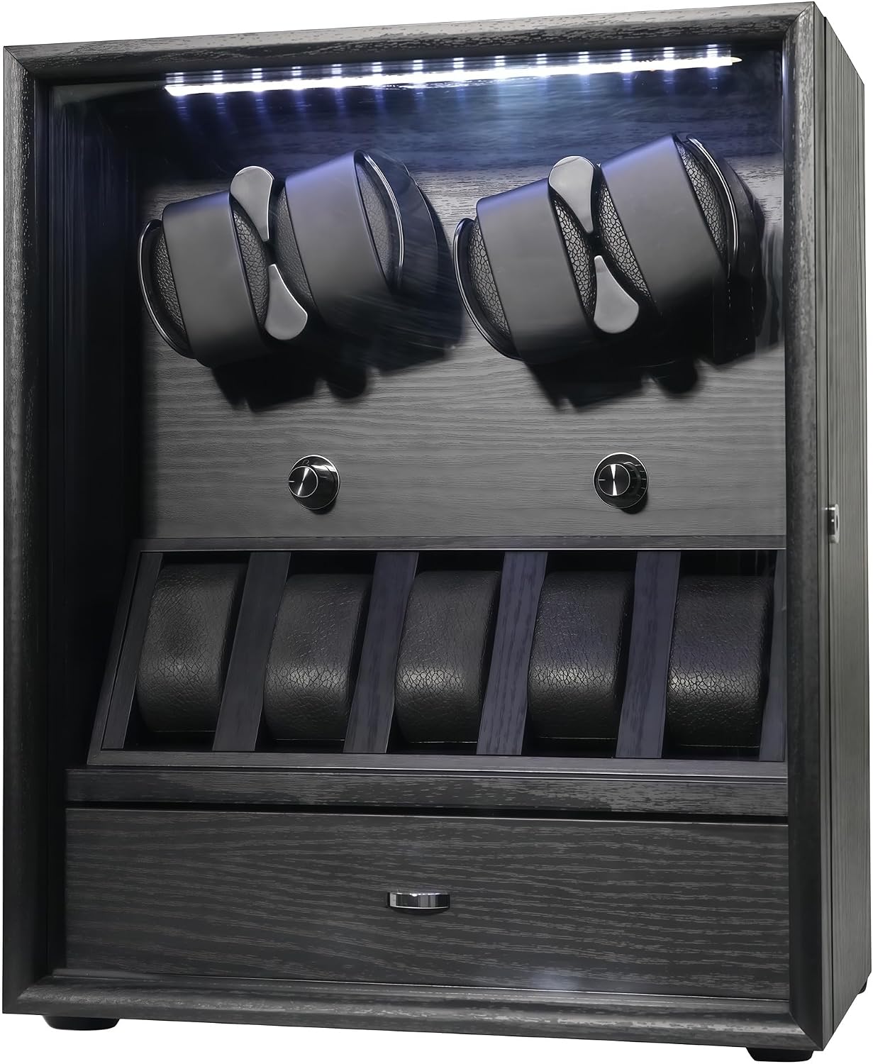 Oryx Watch Winder for 4/6/9 Automatic Watches, Rotating Watch Box 5 Rotation Modes Display Case with Extra Watches Holders and Jewelry Storage, Lockable Winders LED Light USB/AC Powered Mabuchi Motor
