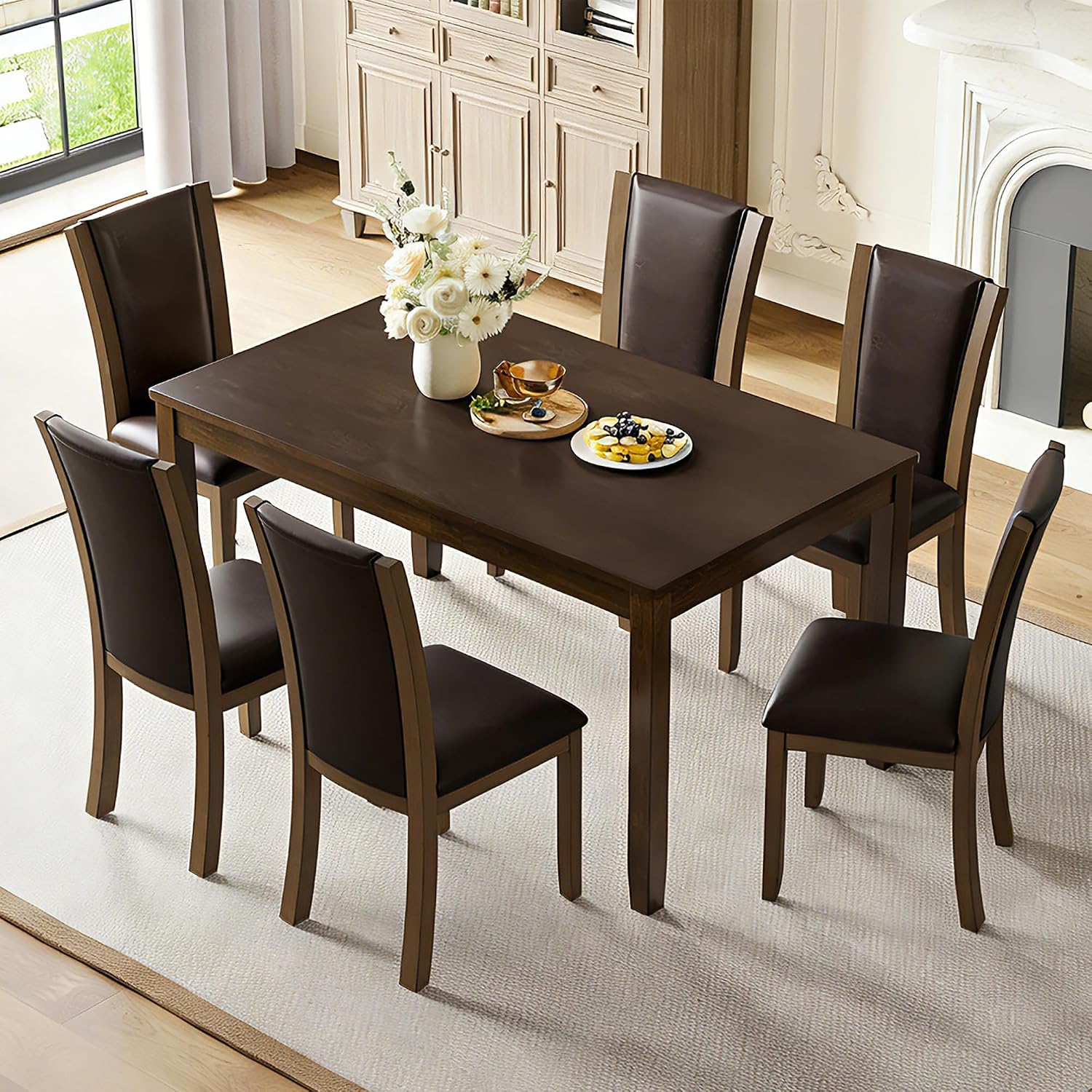 LUMISOL 7-Piece Modern Dining Table Set with Upholstered Chairs of 6, Wooden Rectangular Table for 6-8 People, Farmhouse Kitchen Set for Restaurant, Walnut