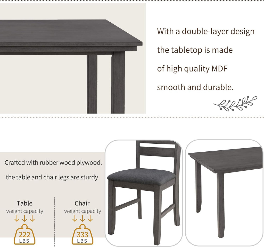 Harper & Bright Designs 6 Pieces Wooden Dining Table Set, Rectangle Table and 4 Chairs with Bench with Cushion, Kitchen Table Chairs Set for 6 Persons, Dining Room Set (Gray)