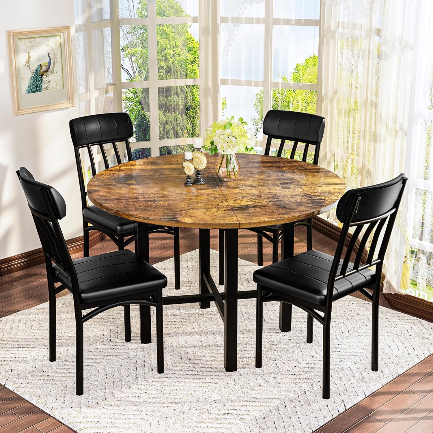 AWQM Round Dining Table Set for 4, Wood Circle Kitchen Table and Chairs Set for 4, Modern Dining Room Sets with 4 Faux Leather Chairs, Round Dinner Table for Small Space, Walnut