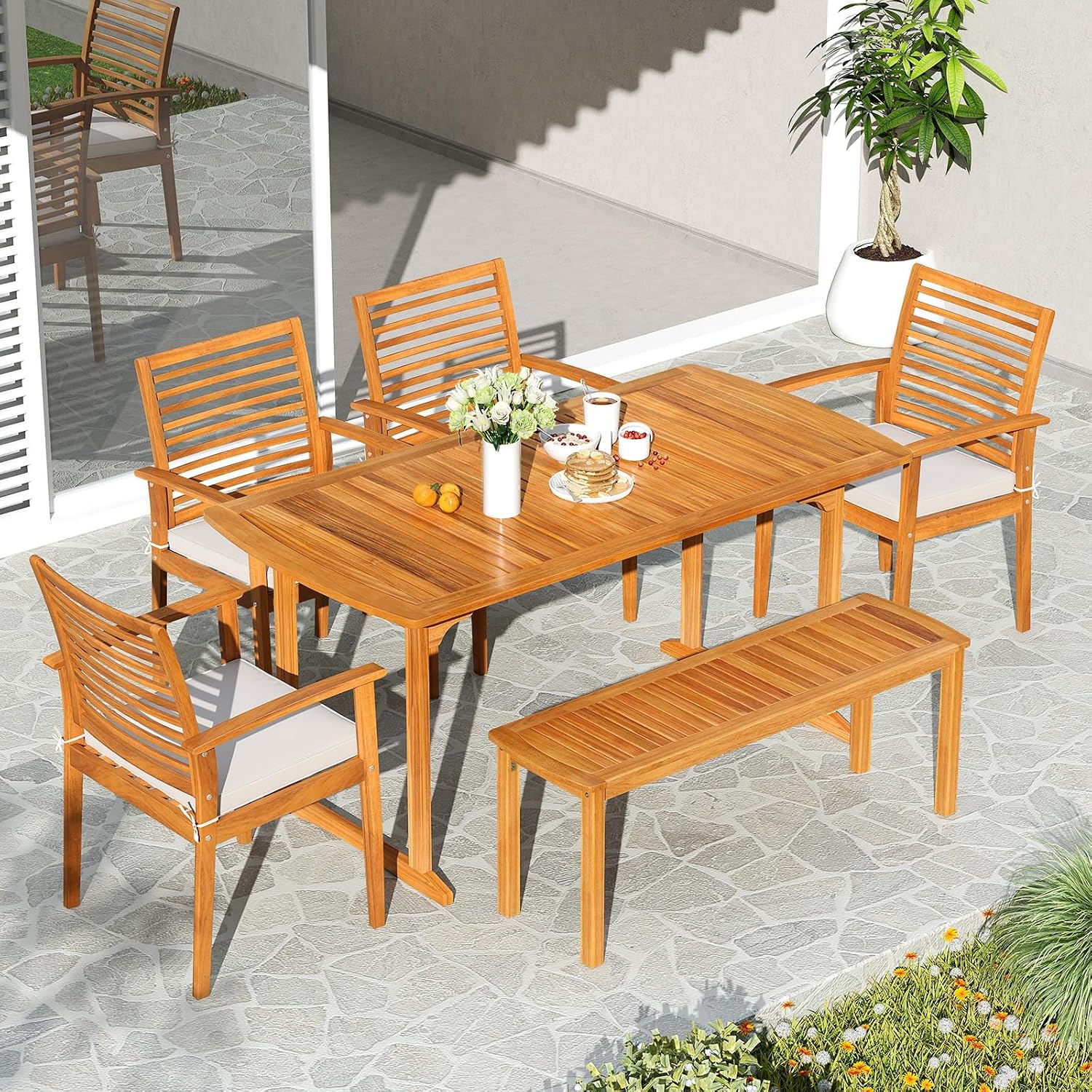Tangkula 6 Pieces Outdoor Acacia Wood Dining Set, Rectangle Patio Dining Table with Umbrella Hole and 4 Cushioned Chairs and Bench, for Backyard Garden Poolside Deck