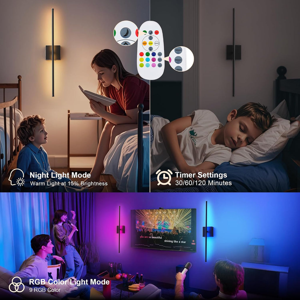 KARTOOSH 28.3 Inch 9 RGB Color Battery Operated Wireless Wall Sconces Set of Two, with Remote, Dimmable, Warm/Natural White/Daylight, Rotatable, LED Wall Light for Living Room, Bedroom, Black