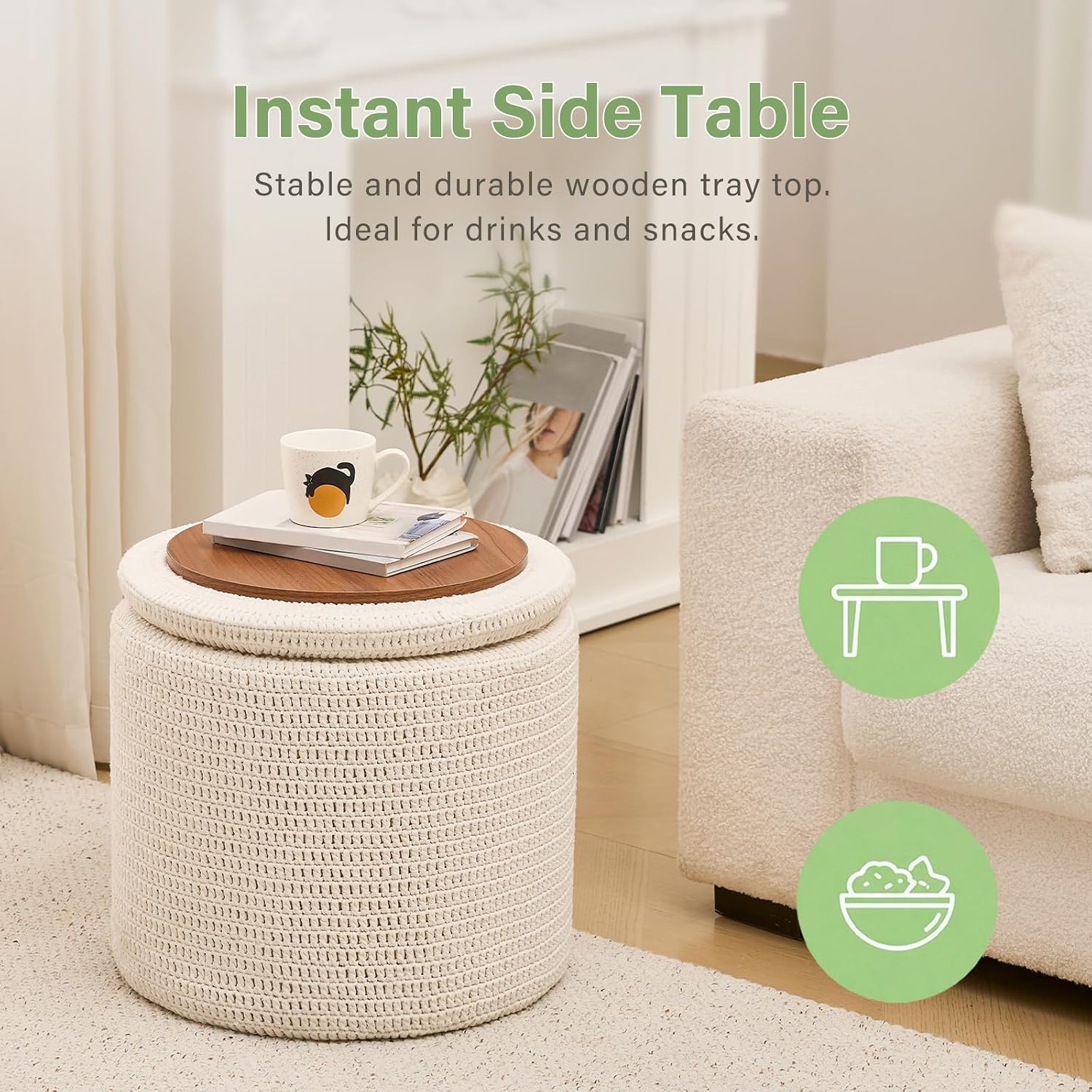 Wimarsbon Pouf Ottoman, 100% Cotton Knitted Boho Footstool, Round Footrest with Non-Skid Wood Legs, Home Décor Handmade Pouffe, Leisure Floor Step Stool for Living Room (18inch White Storage Ottoman)