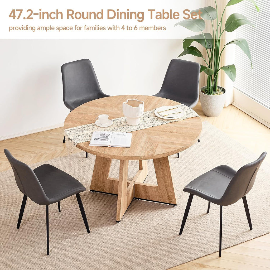 47 inch Round Dining Table Set for 4 with Chairs Kitchen Table and Chairs Set Mid-Century Modern Round Wood Kitchen Tables with Upholstered Synthetic Leather Chairs Set of 4