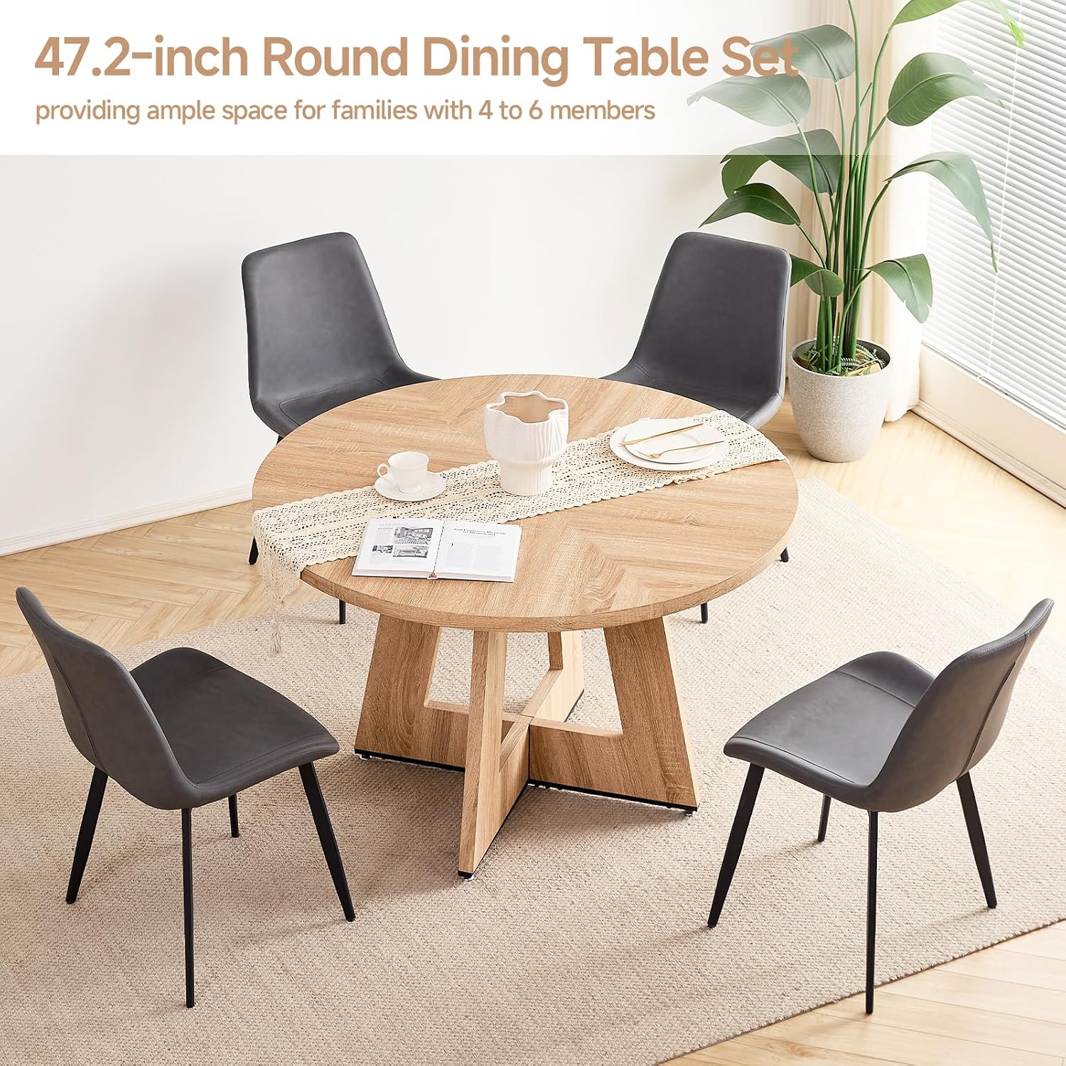 47 inch Round Dining Table Set for 4 with Chairs Kitchen Table and Chairs Set Mid-Century Modern Round Wood Kitchen Tables with Upholstered Synthetic Leather Chairs Set of 4