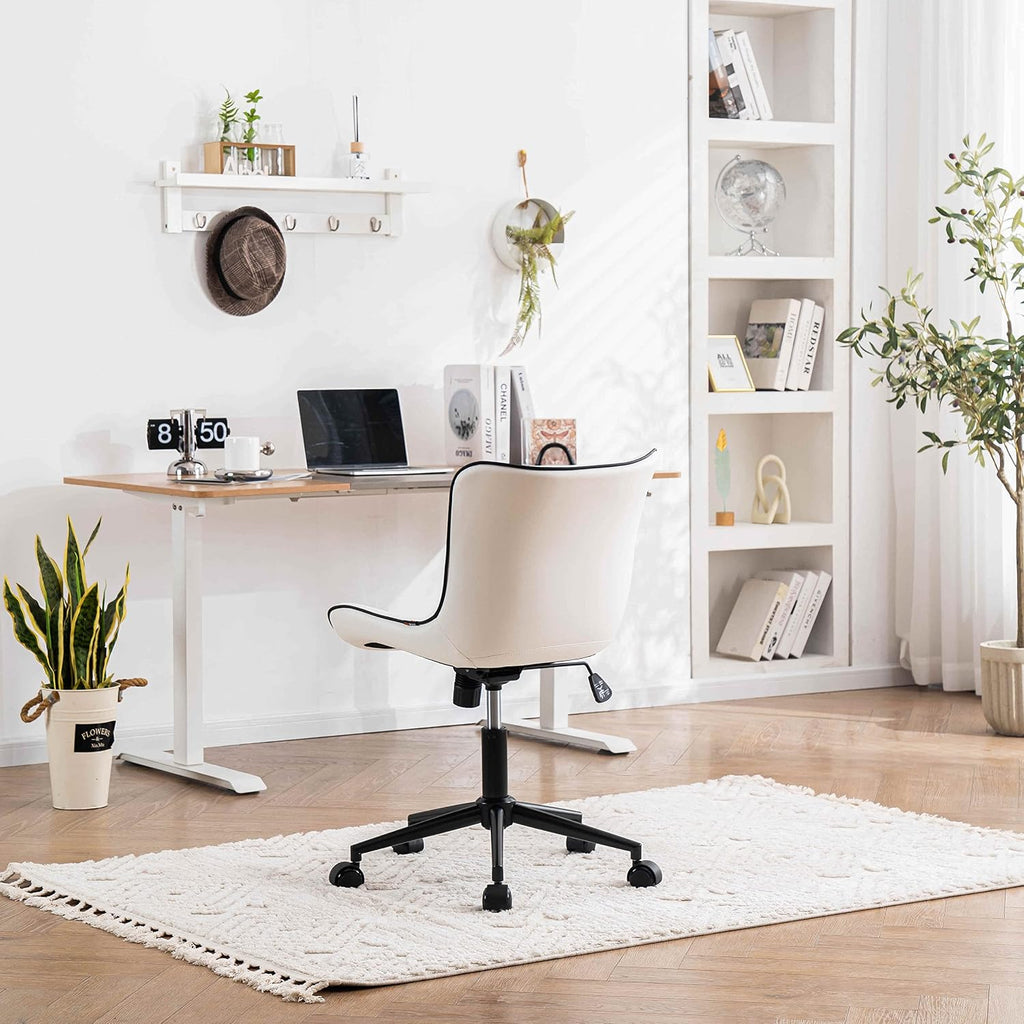 YOUNIKE White Armless Office Chair Faux Leather Small Cute Desk Chair with 12° Rocking Back Adjustable Height Swivel Vanity Chair Ergonomic Compact Home Computer Rolling Task Chair for Small Spaces