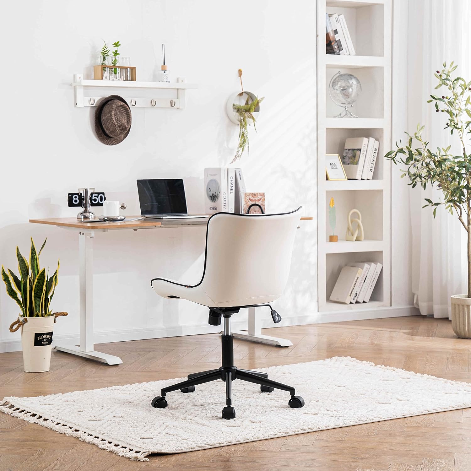 YOUNIKE White Armless Office Chair Faux Leather Small Cute Desk Chair with 12° Rocking Back Adjustable Height Swivel Vanity Chair Ergonomic Compact Home Computer Rolling Task Chair for Small Spaces