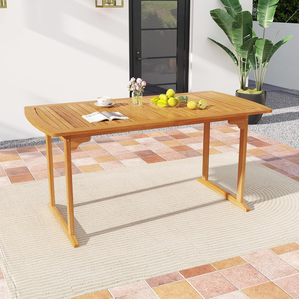 Tangkula 3 Piece Acacia Wood Patio Dining Table Set, 63' Large Patio Table & 2 Backless Benches w/Umbrella Hole, Farmhouse Indoor Outdoor Diner Furniture for Garden Poolside Deck Kitchen