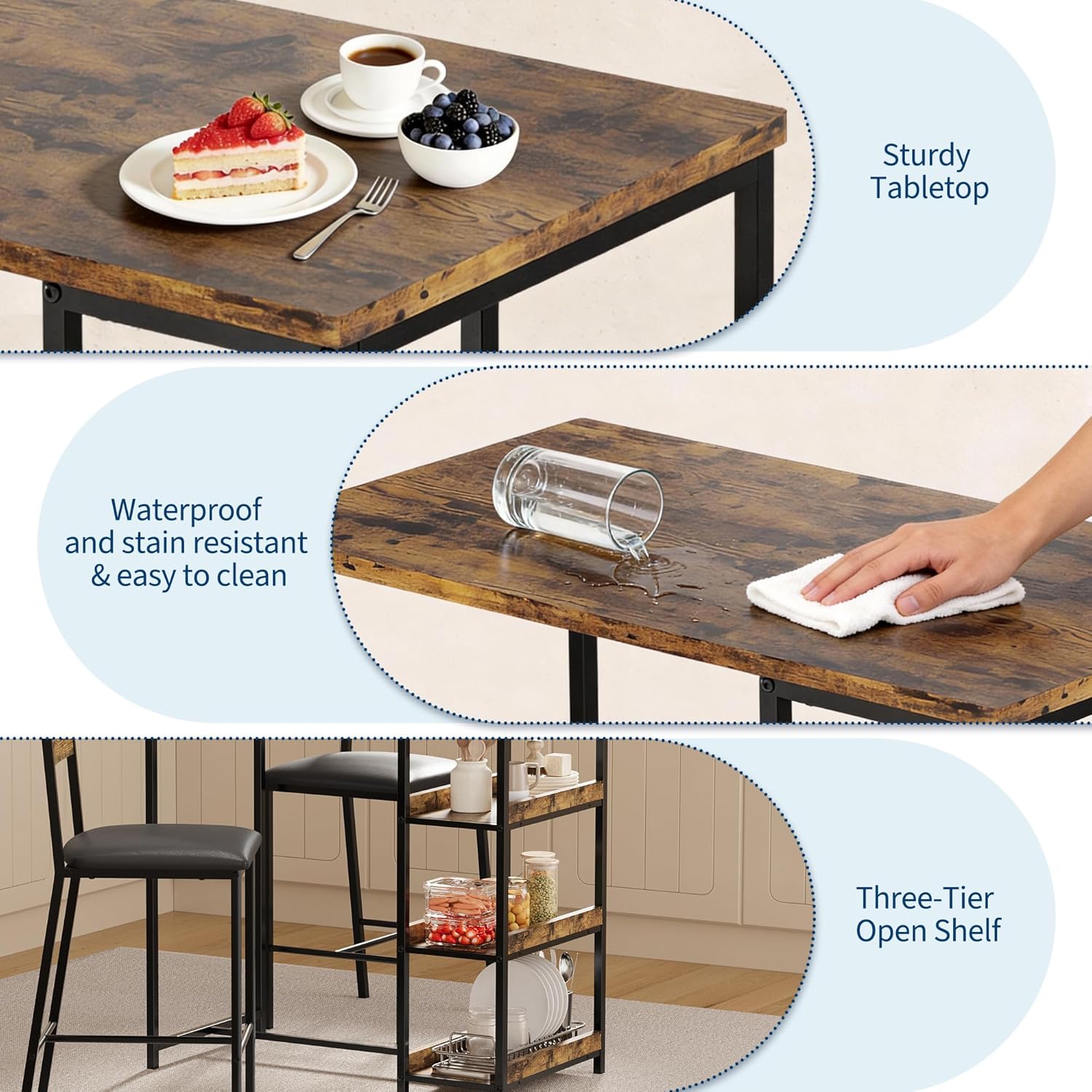 GarveeHome 3-Piece Kitchen Table Set with Storage Shelves & 2 Upholstered Chairs - Iron and Wood Dining Table for Small Spaces, Apartments, Condos, Rustic Brown